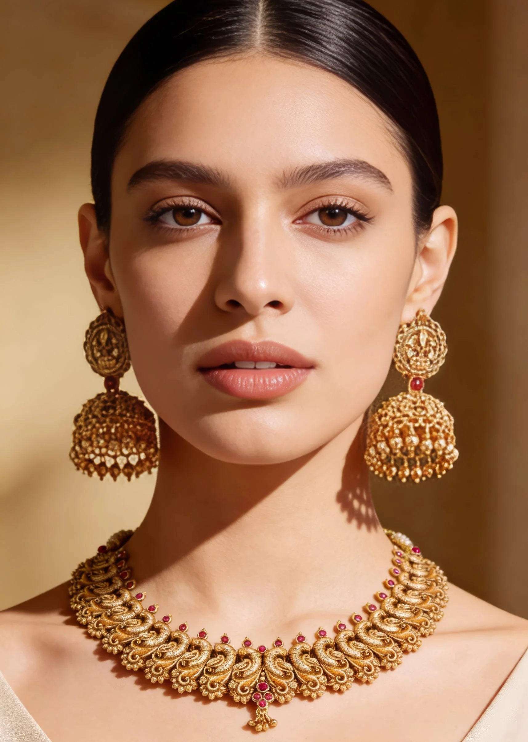 Gold Finish Necklace Set With Traditional Temple Motifs