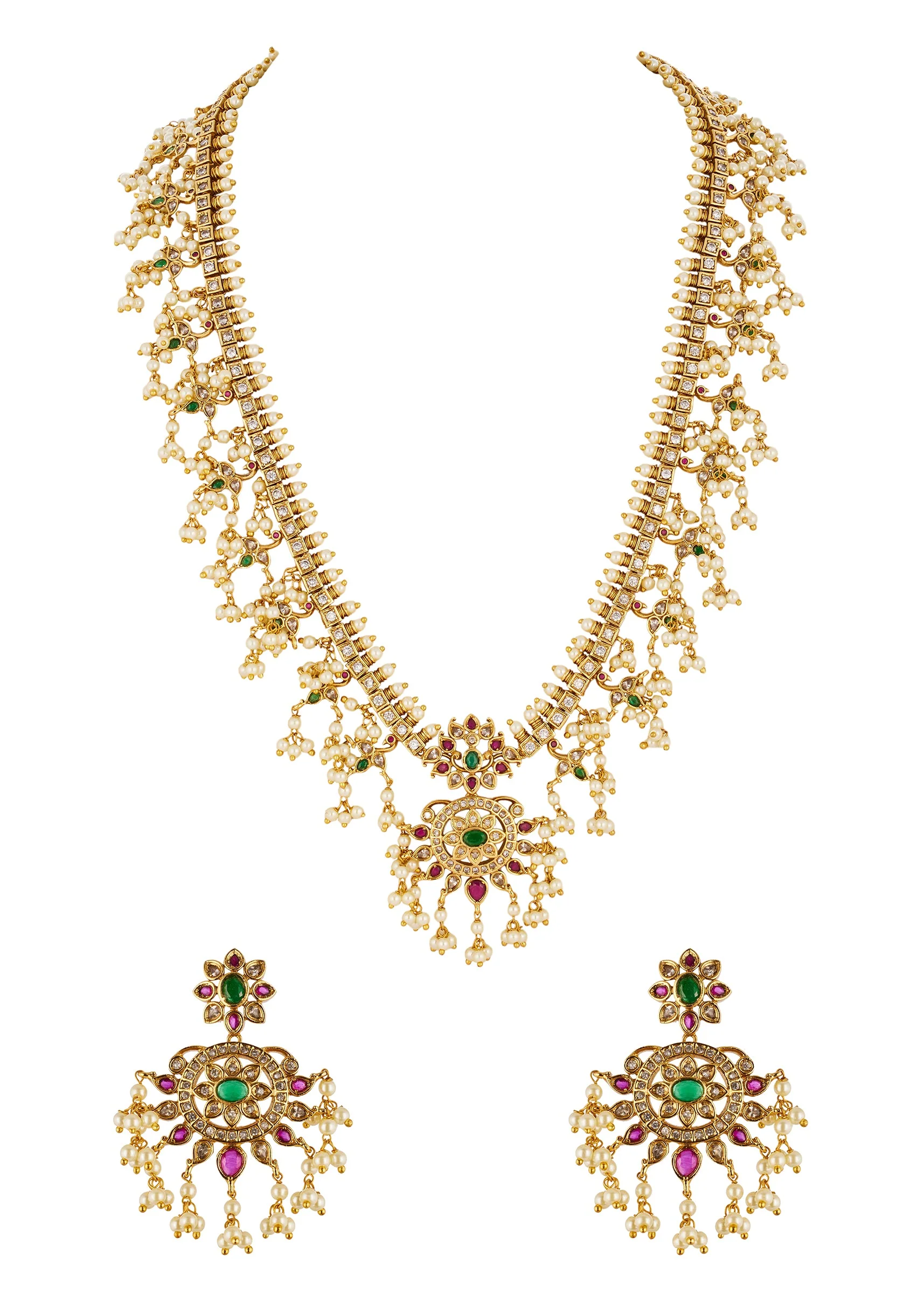 Gold Finish Necklace Set With Traditional Temple Motifs And Pink Green and Off White Stones With Zirconia and Pearl Accents - Image 2
