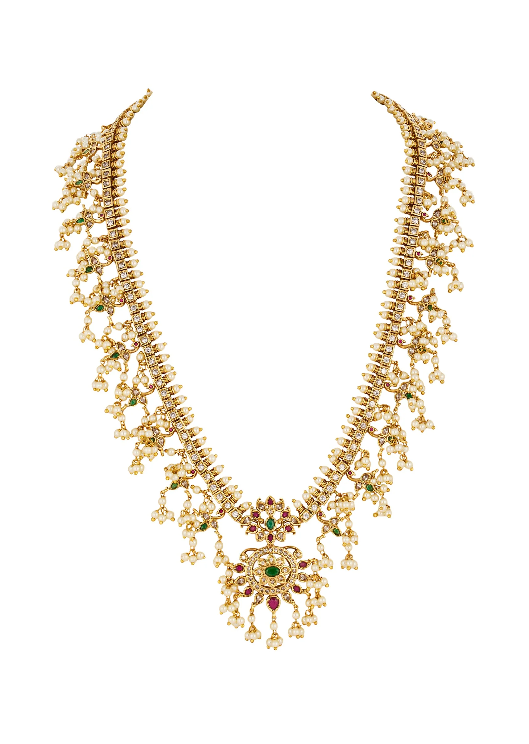 Gold Finish Necklace Set With Traditional Temple Motifs And Pink Green and Off White Stones With Zirconia and Pearl Accents - Image 3