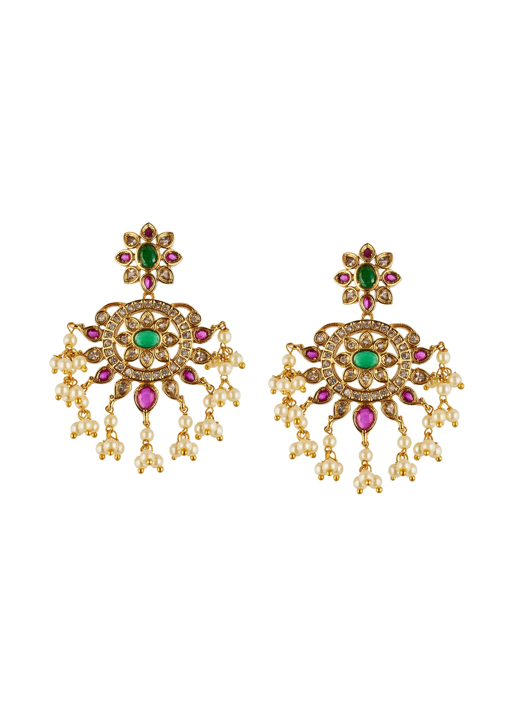 Gold Finish Necklace Set With Traditional Temple Motifs And Pink Green and Off White Stones With Zirconia and Pearl Accents - Image 4