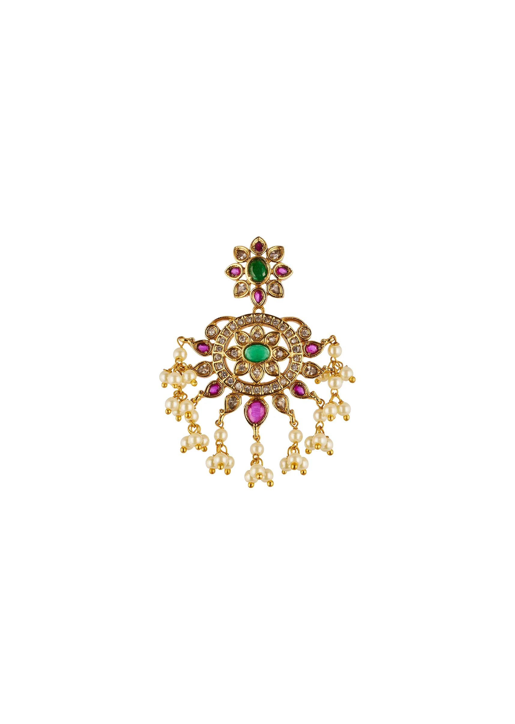 Gold Finish Necklace Set With Traditional Temple Motifs And Pink Green and Off White Stones With Zirconia and Pearl Accents - Image 5