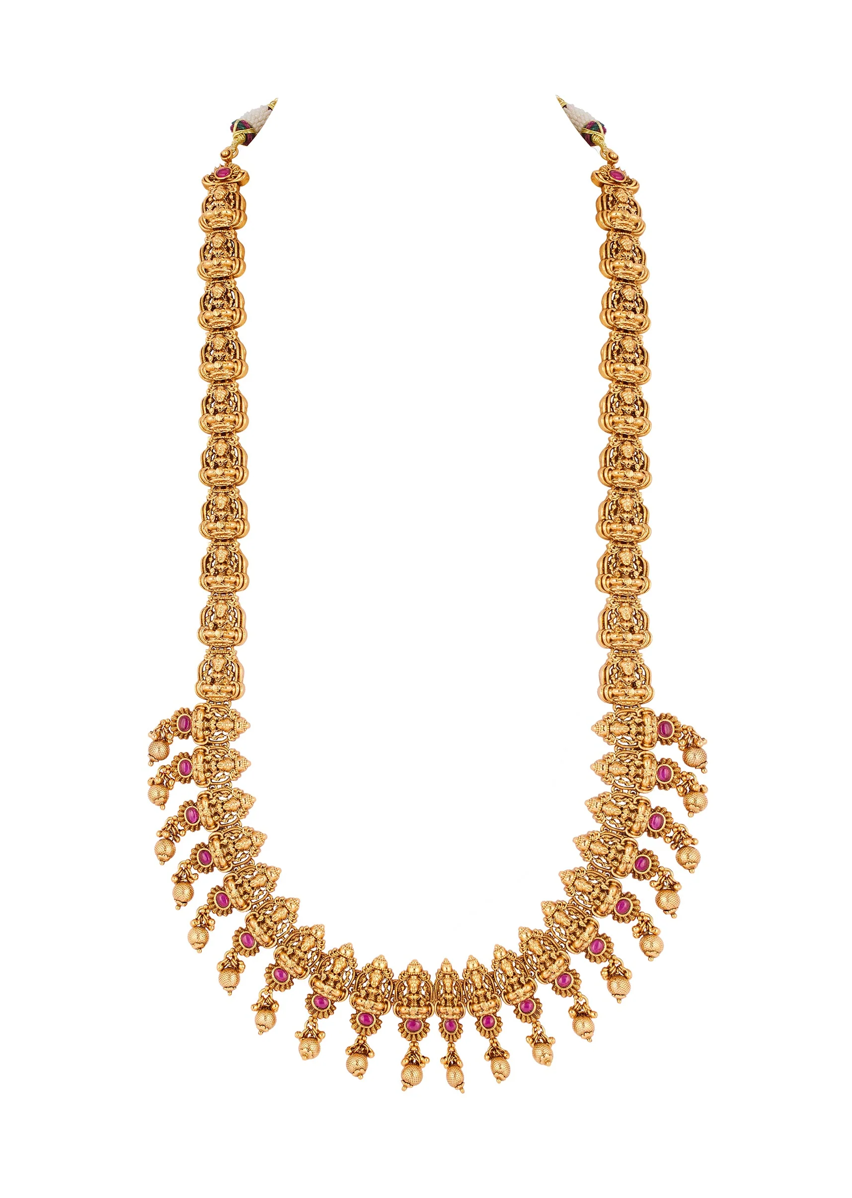 Gold Finish Necklace Set With Traditional Temple Motifs And Pink Simulated Stones - Image 2