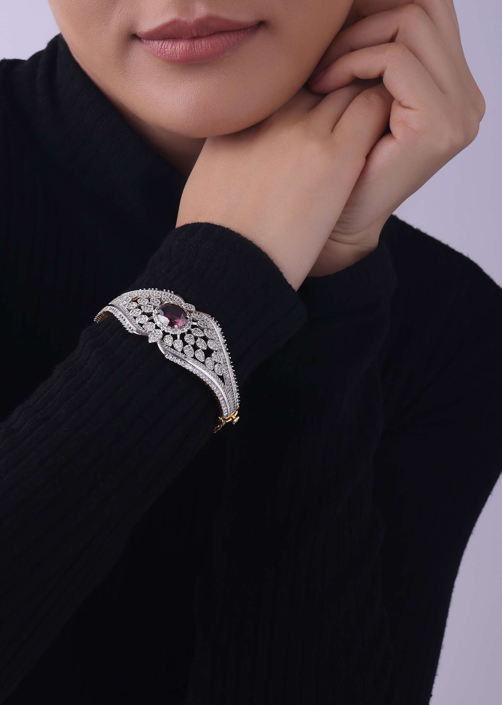 Gold Finish Openable Bangle In Mix Metal With Ruby Stones - Image 2