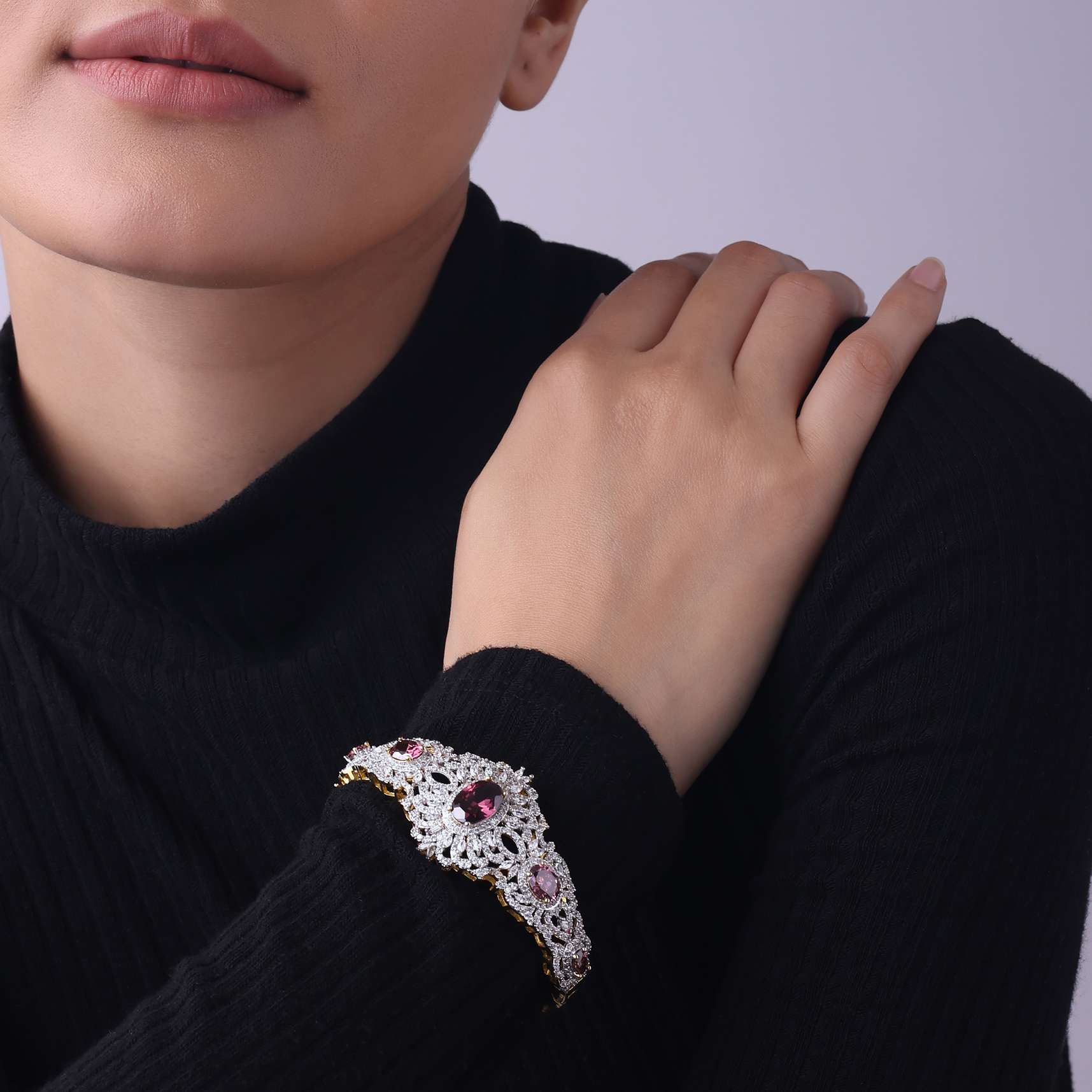 Gold Finish Openable Bangle In Mix Metal With Ruby Stones - Image 5