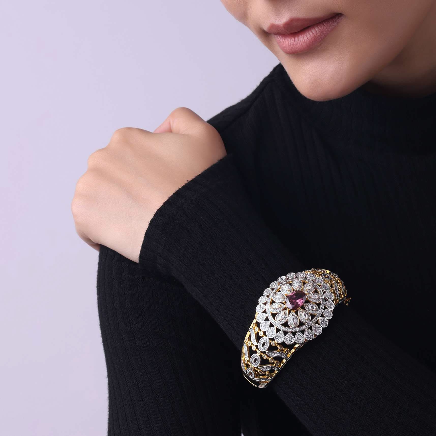 Gold Finish Openable Bangle With Zircon And Ruby Stone - Image 2