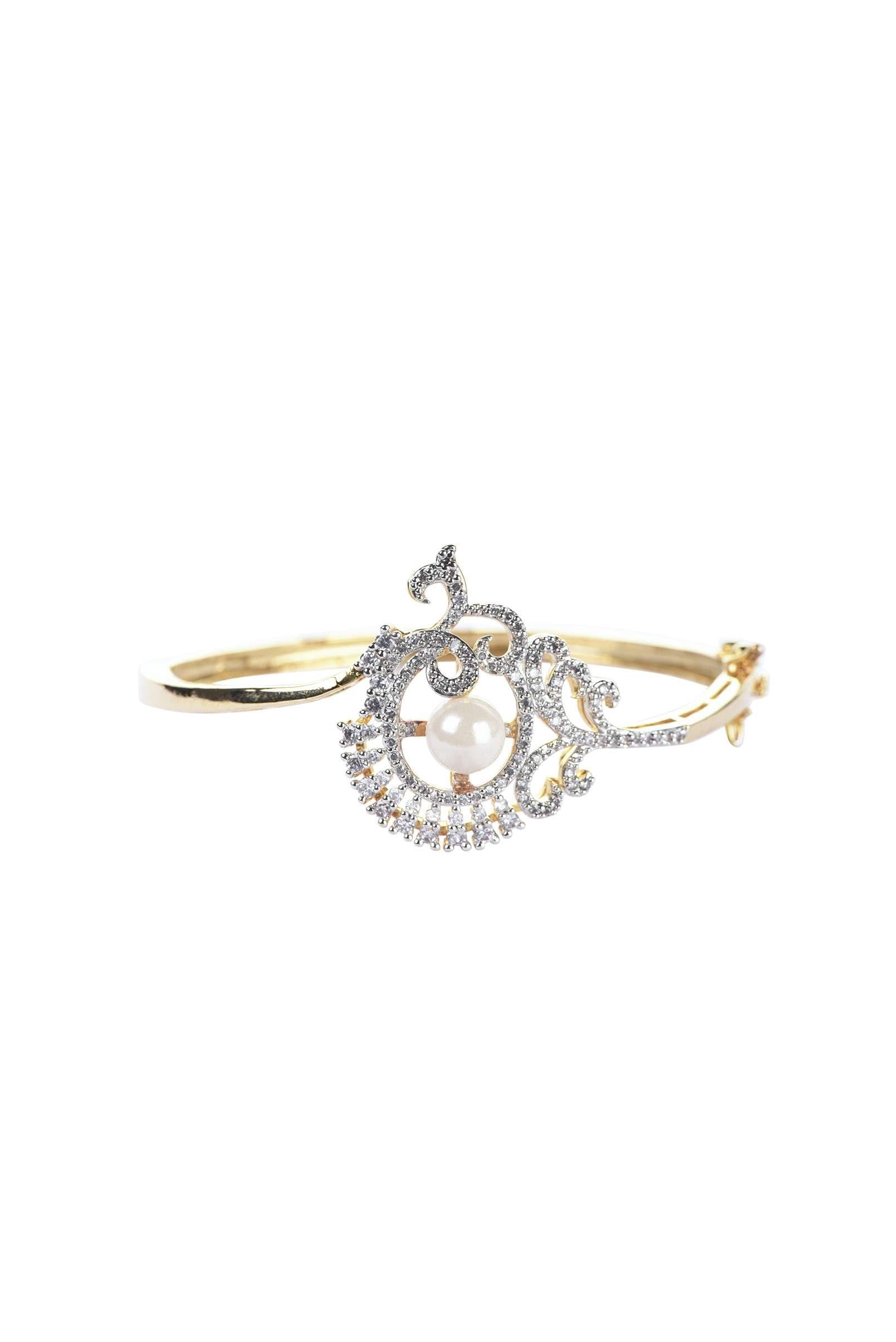 Gold Finish Openable Bracelet In Mix Metal With Faux Diamonds - Image 3