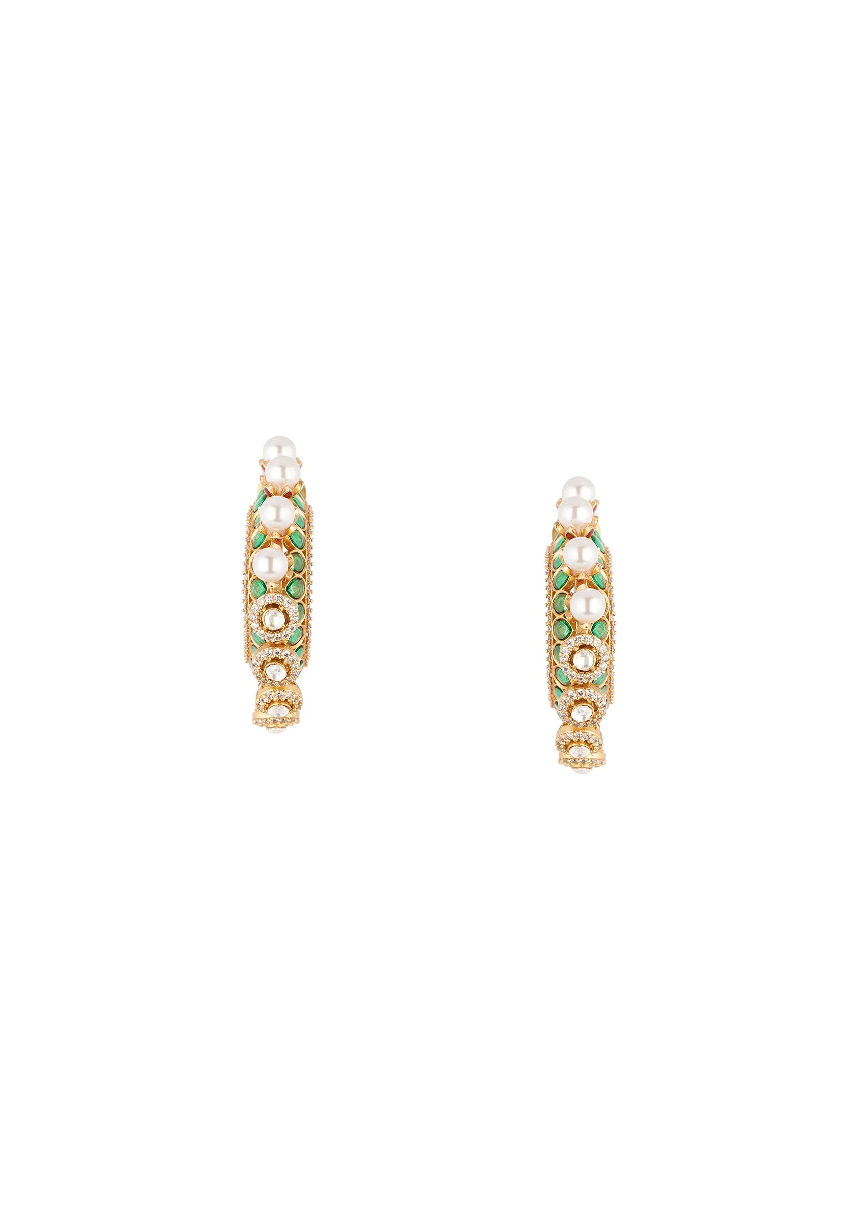 Gold Finish Ornate C Hoop Earrings With Green Decorative Stones and Simulated Pearls