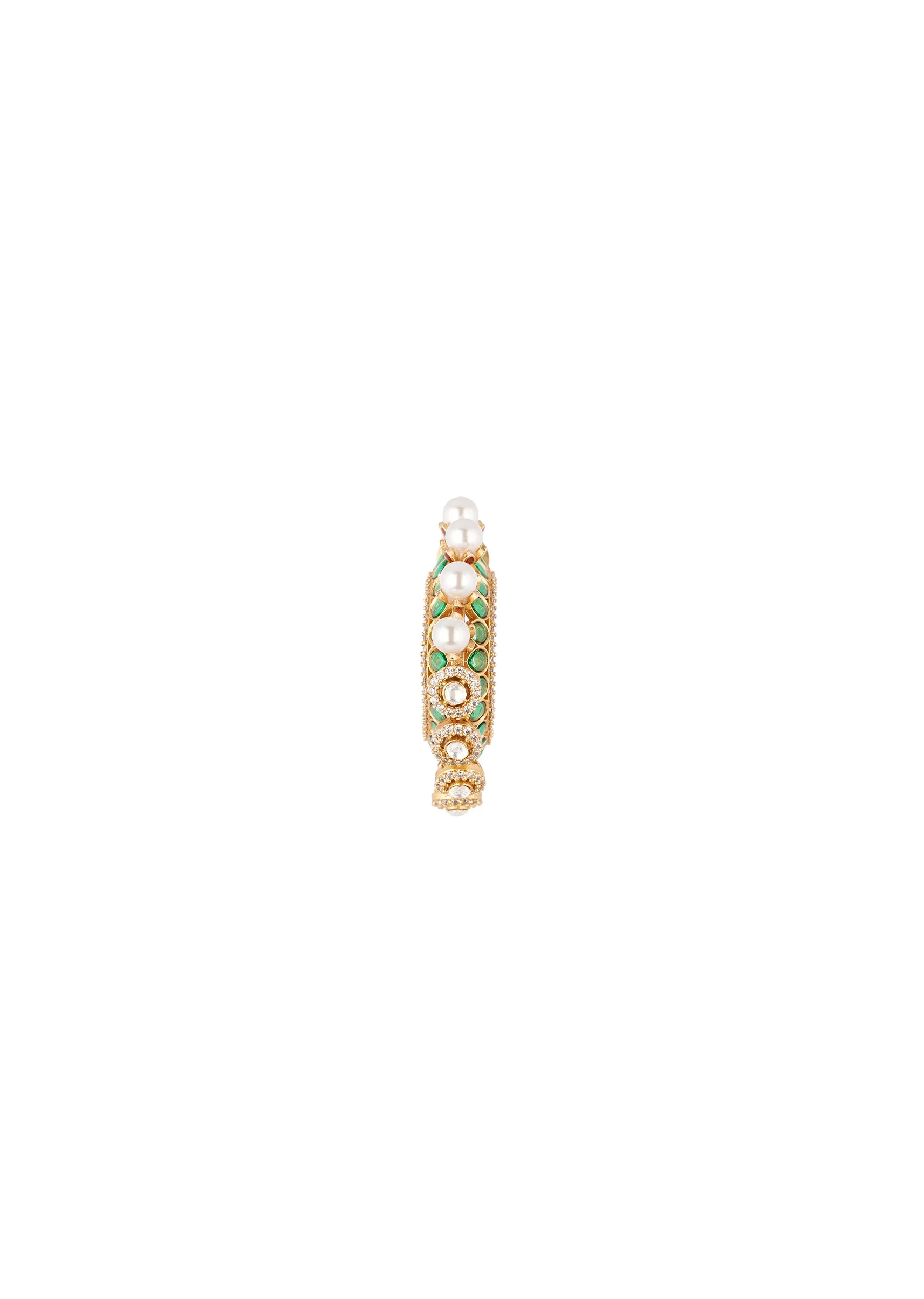 Gold Finish Ornate C Hoop Earrings With Green Decorative Stones and Simulated Pearls - Image 2