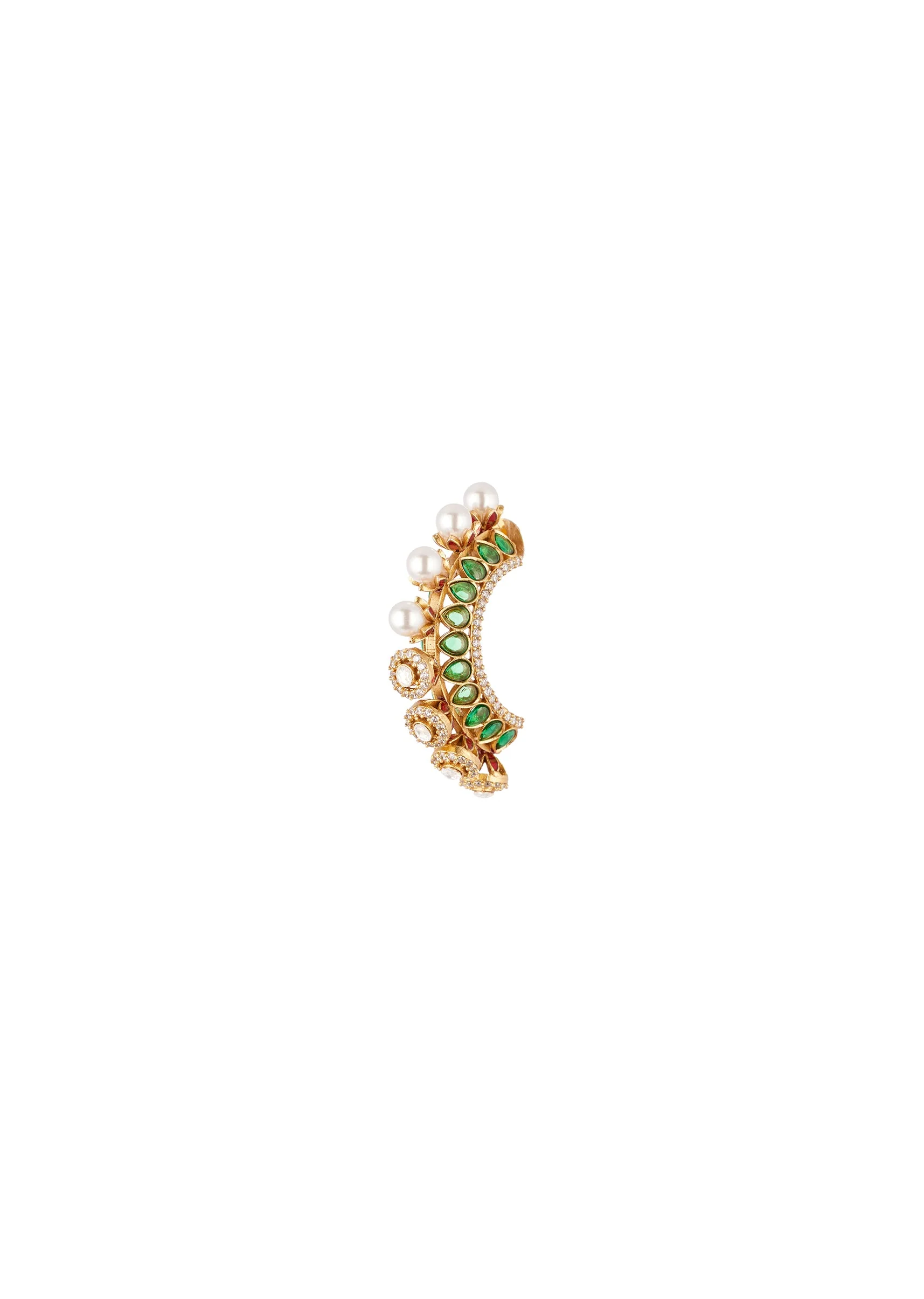 Gold Finish Ornate C Hoop Earrings With Green Decorative Stones and Simulated Pearls - Image 3