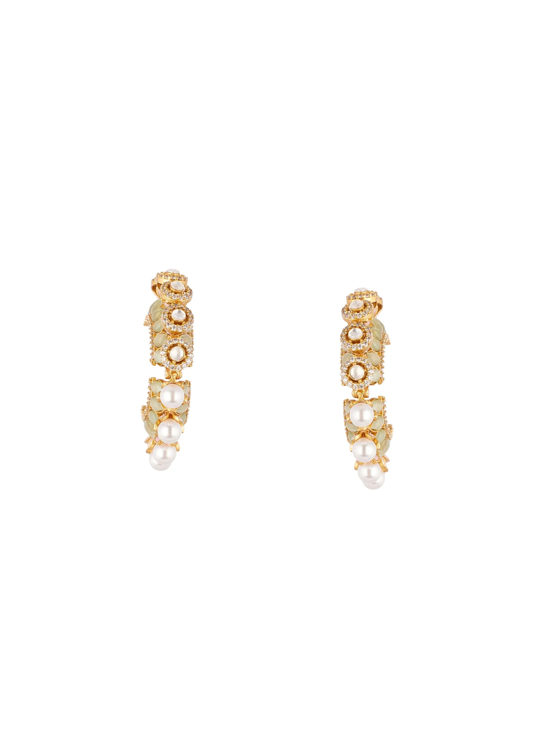 Gold Finish Ornate C Hoop Earrings With Mint Green Decorative Stones and Simulated Pearls