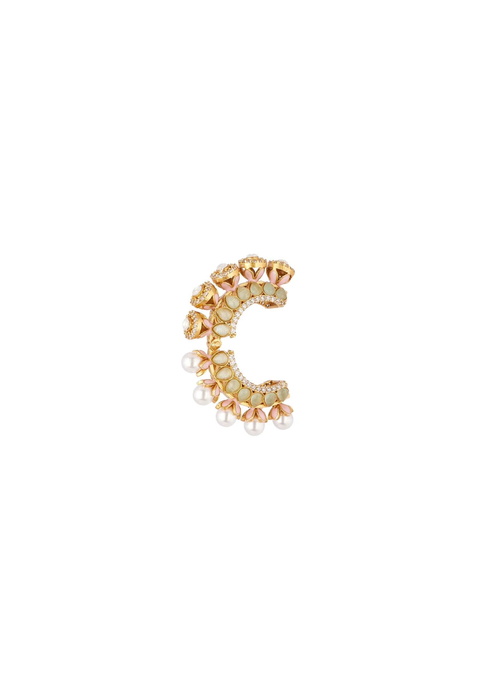 Gold Finish Ornate C Hoop Earrings With Mint Green Decorative Stones and Simulated Pearls - Image 3