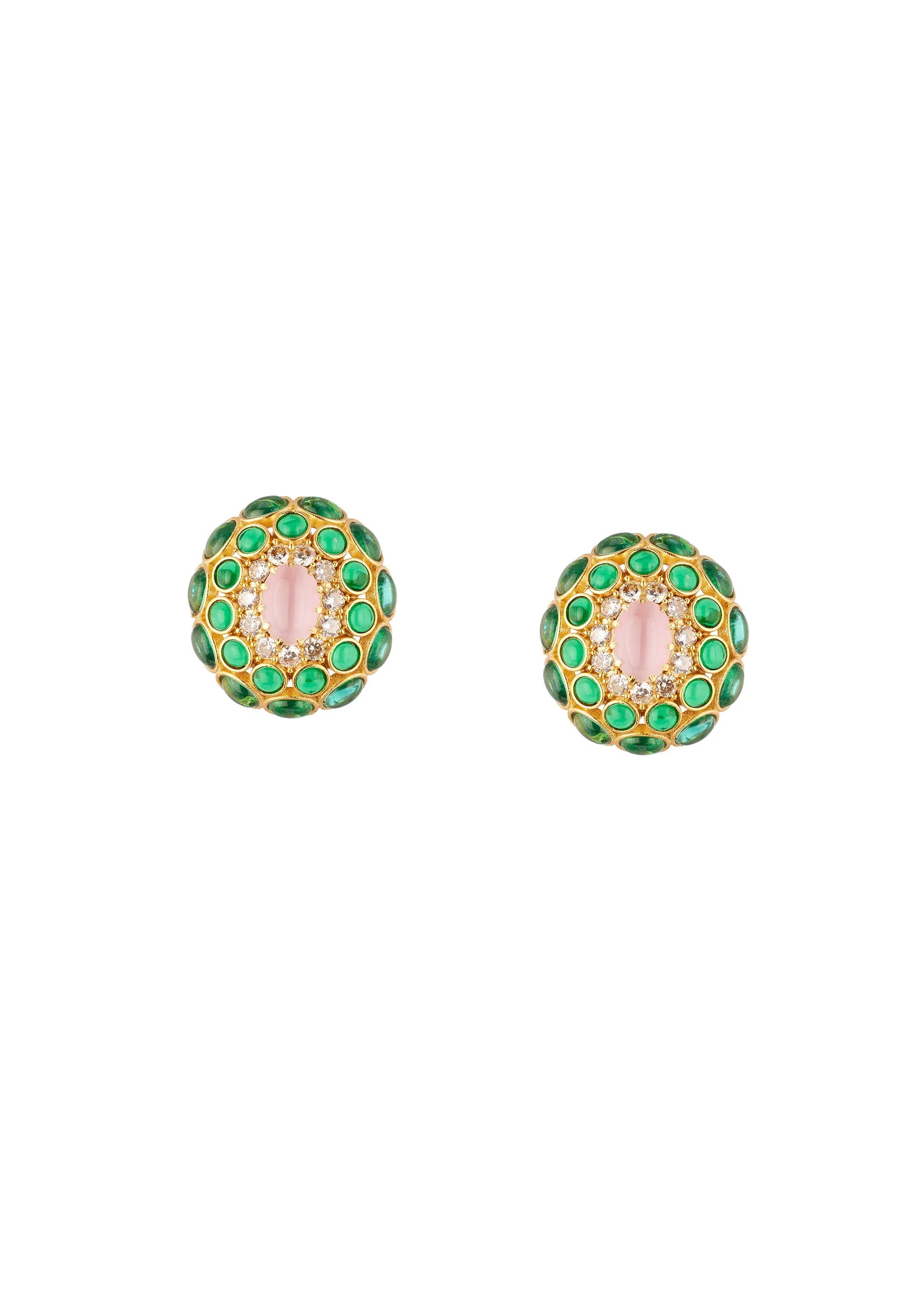 Gold Finish Ornate Cabochon Stud Earrings With Pink Oval Center and Green and Clear Stone Halos - Image 2