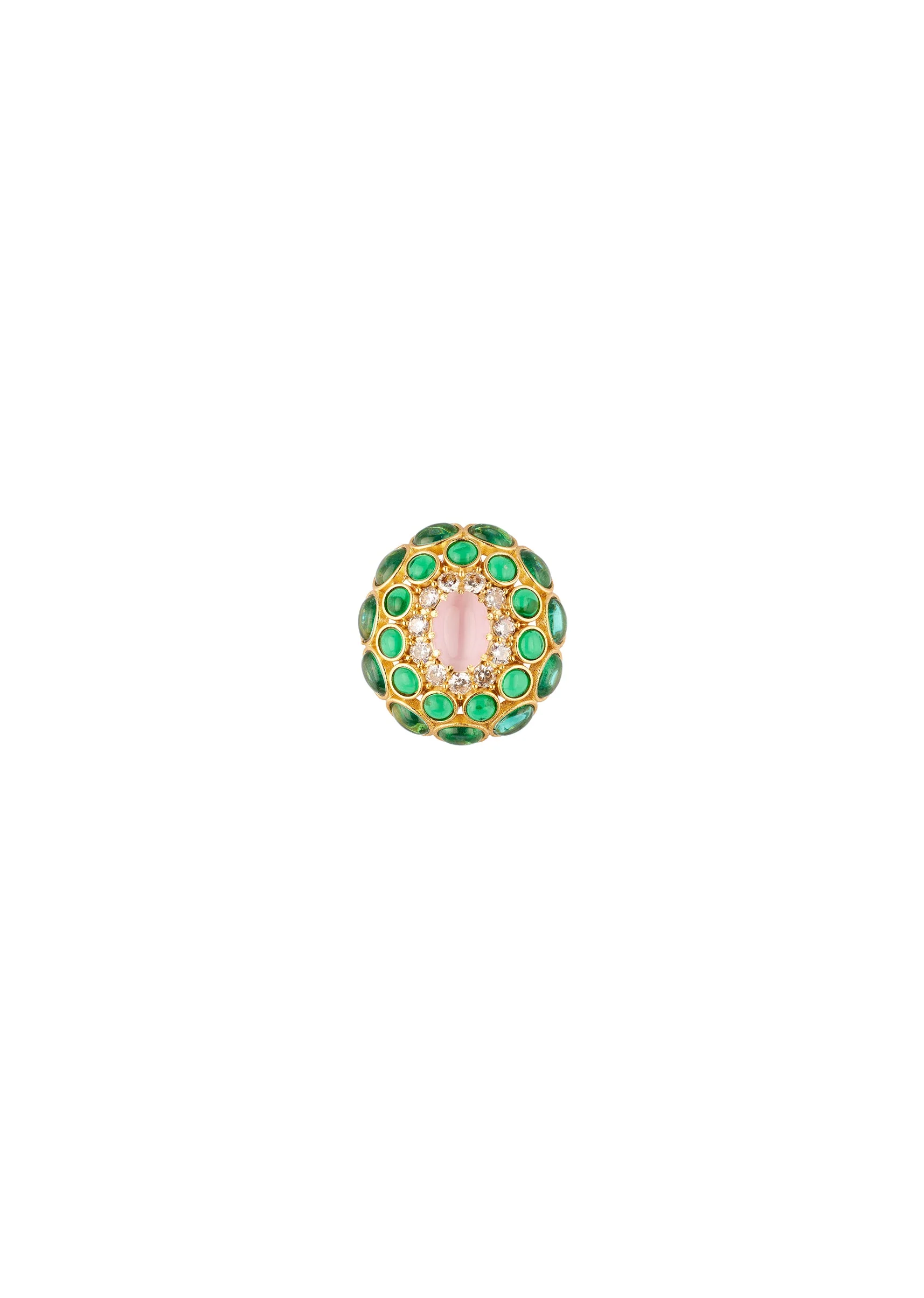 Gold Finish Ornate Cabochon Stud Earrings With Pink Oval Center and Green and Clear Stone Halos - Image 3