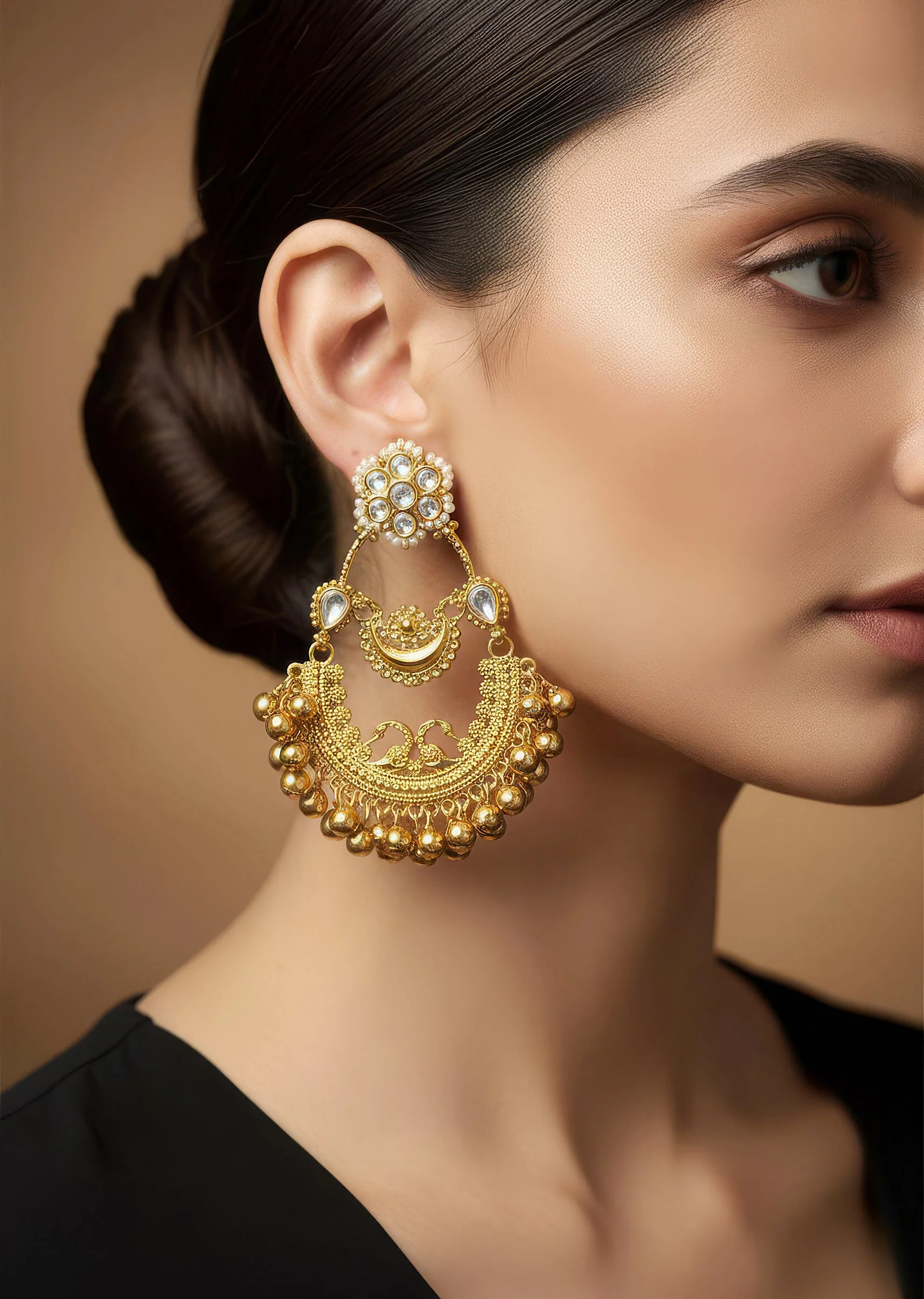 Gold Finish Ornate Chandbali Earrings With Peacock Filigree Detail And Golden Ghungroo Droplets