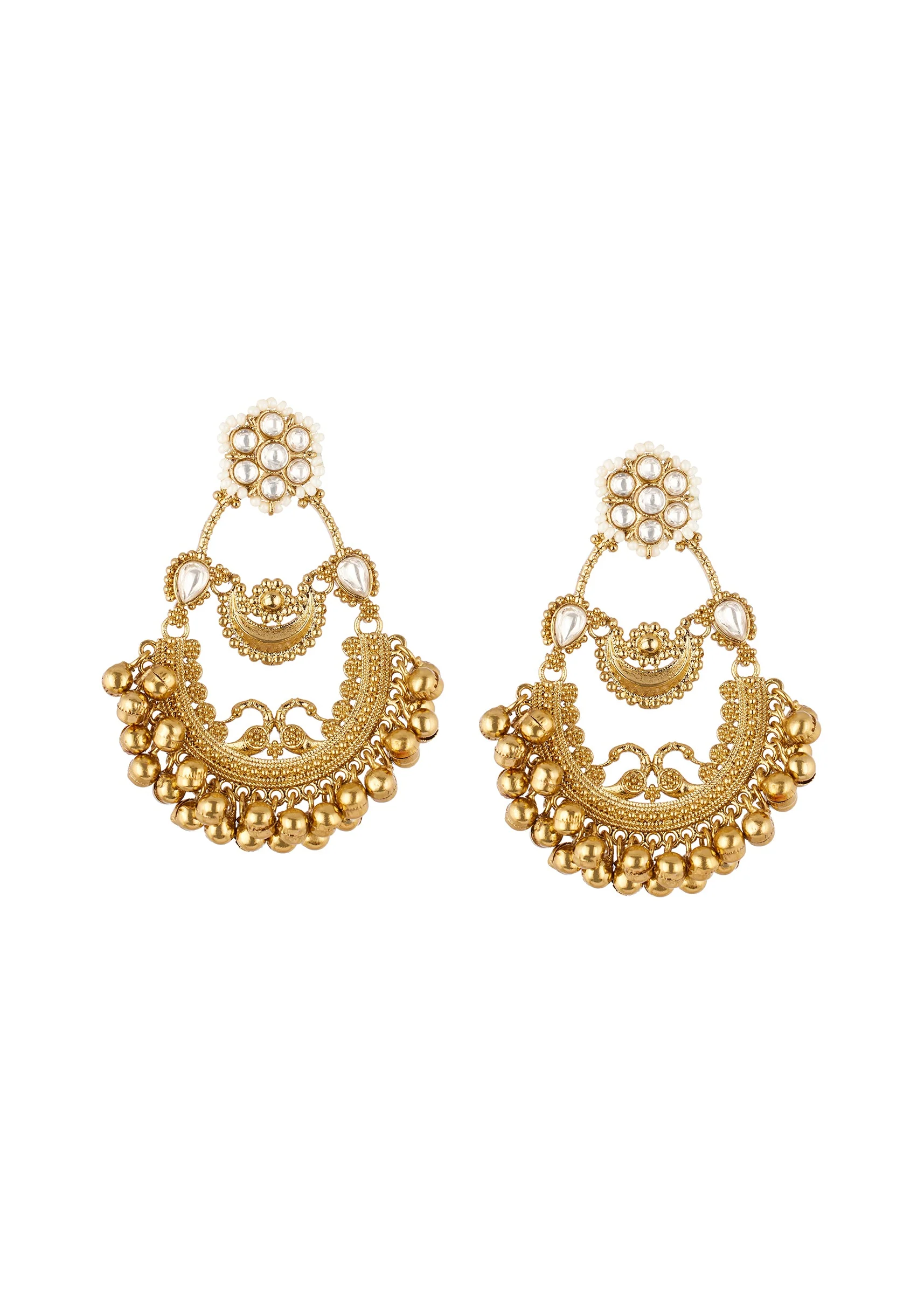 Gold Finish Ornate Chandbali Earrings With Peacock Filigree Detail And Golden Ghungroo Droplets - Image 2