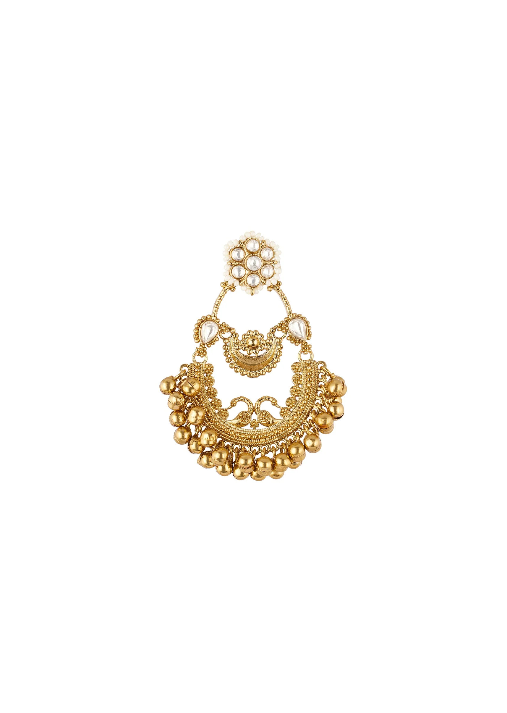 Gold Finish Ornate Chandbali Earrings With Peacock Filigree Detail And Golden Ghungroo Droplets - Image 3