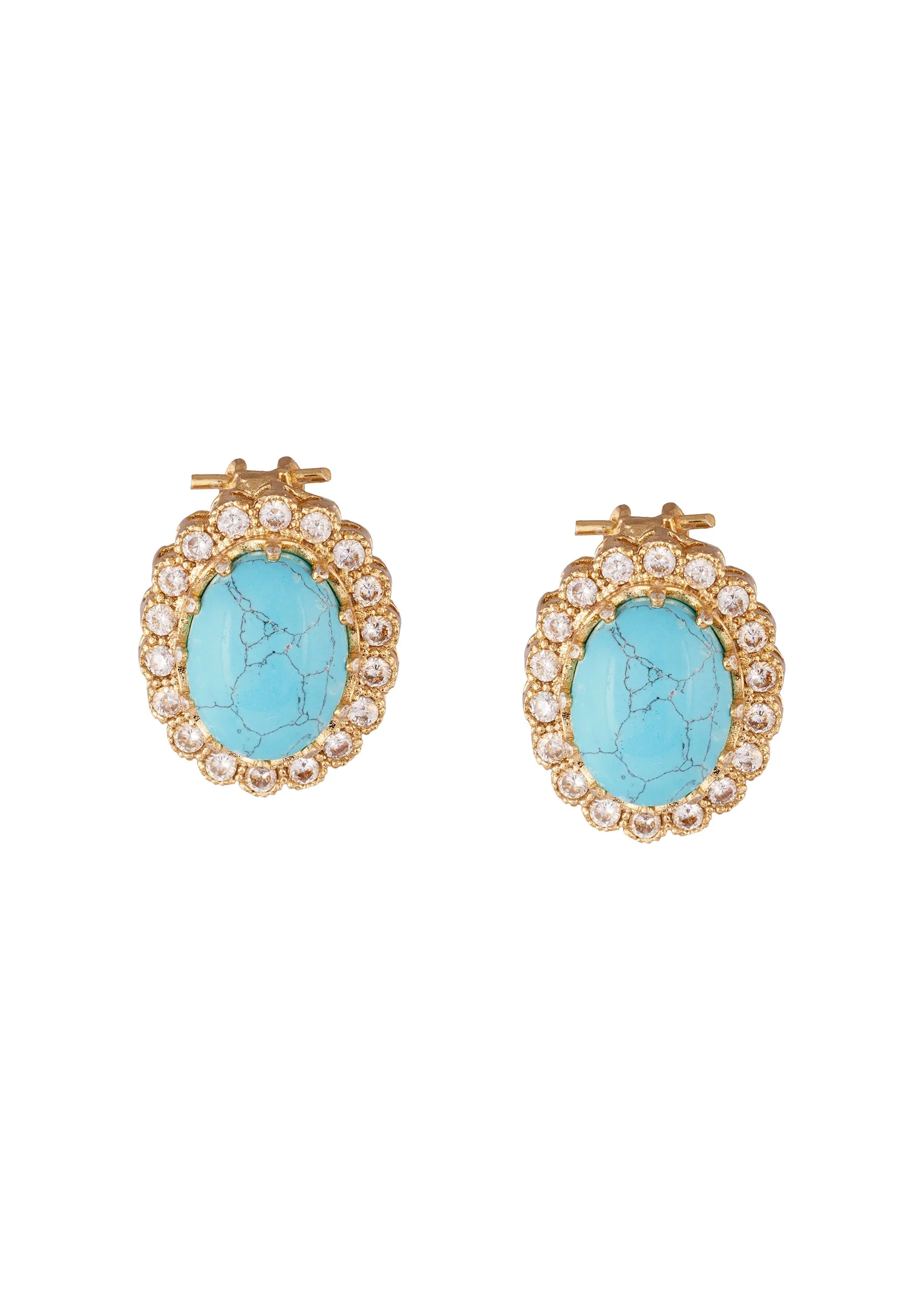 Gold Finish Oval Stud Earrings With Dome Cut Turquoise Stone And Scalloped White CZ Halo - Image 2