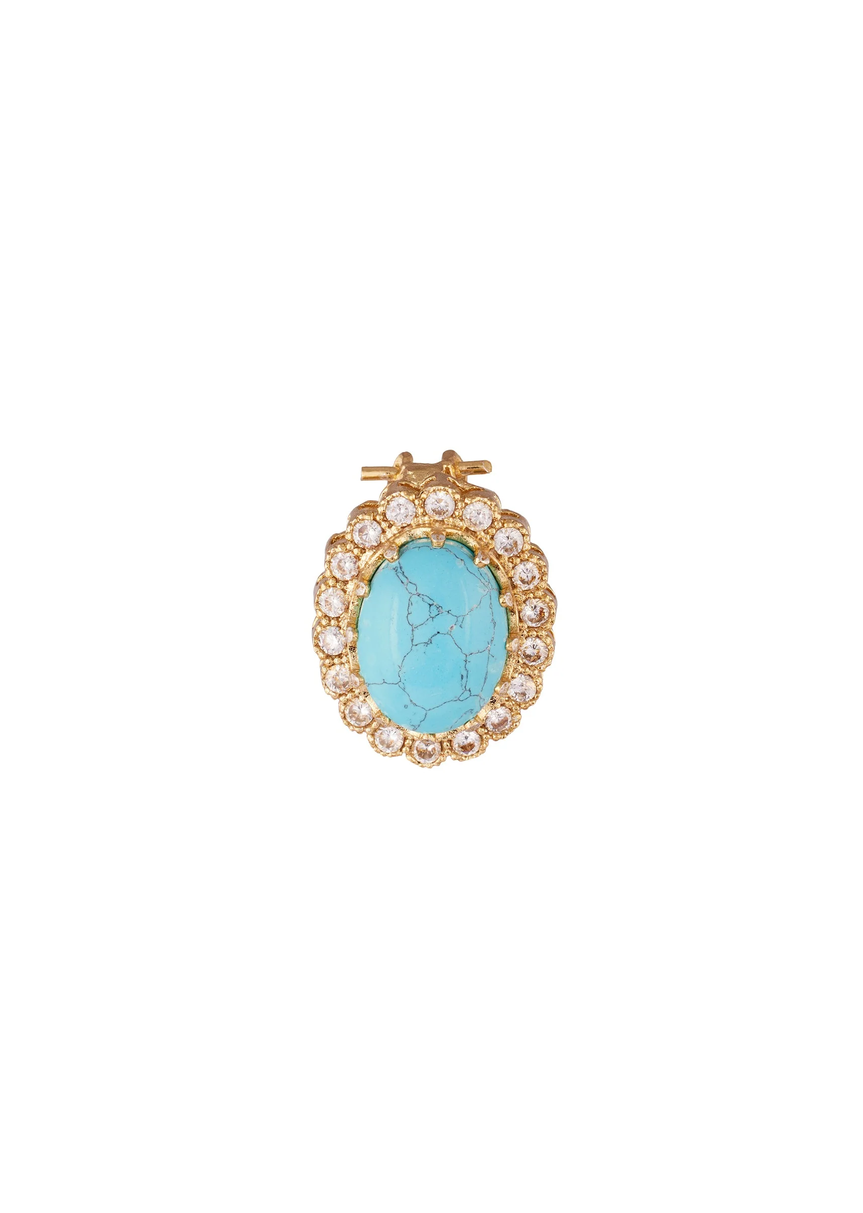 Gold Finish Oval Stud Earrings With Dome Cut Turquoise Stone And Scalloped White CZ Halo - Image 3