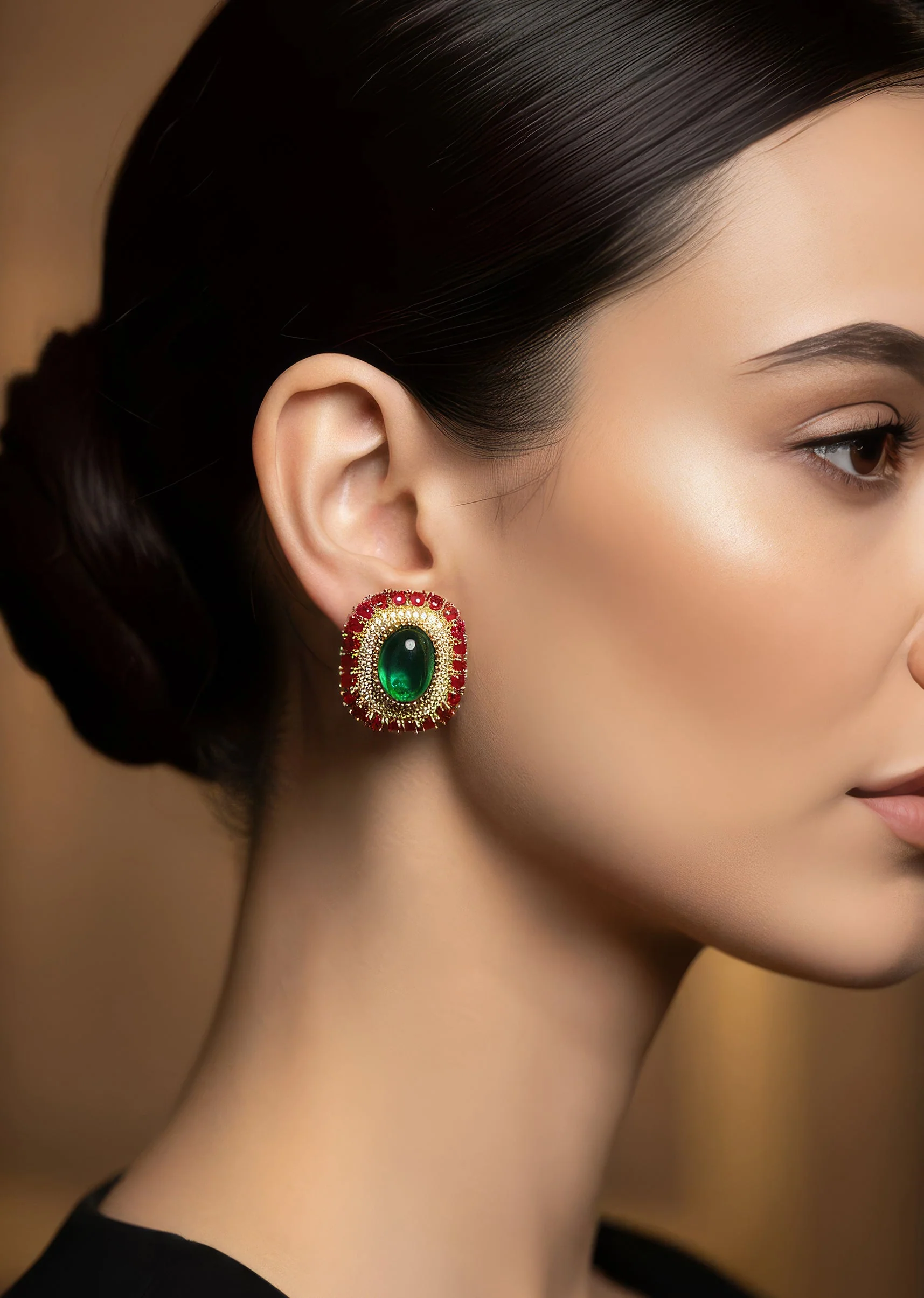 Gold Finish Oval Stud Earrings With Large Green Center Stone and Red Cabochon Stone Border