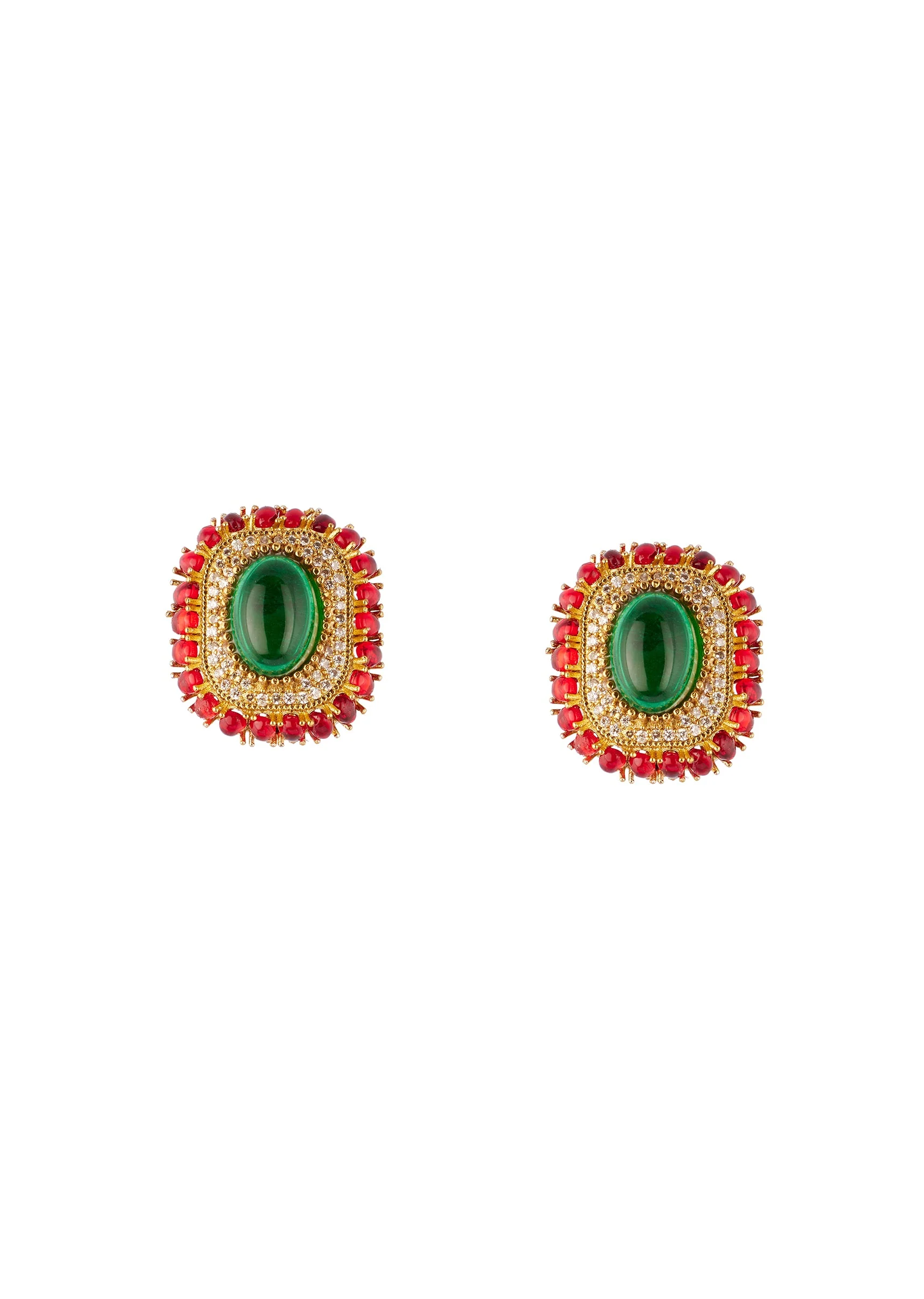 Gold Finish Oval Stud Earrings With Large Green Center Stone and Red Cabochon Stone Border - Image 2