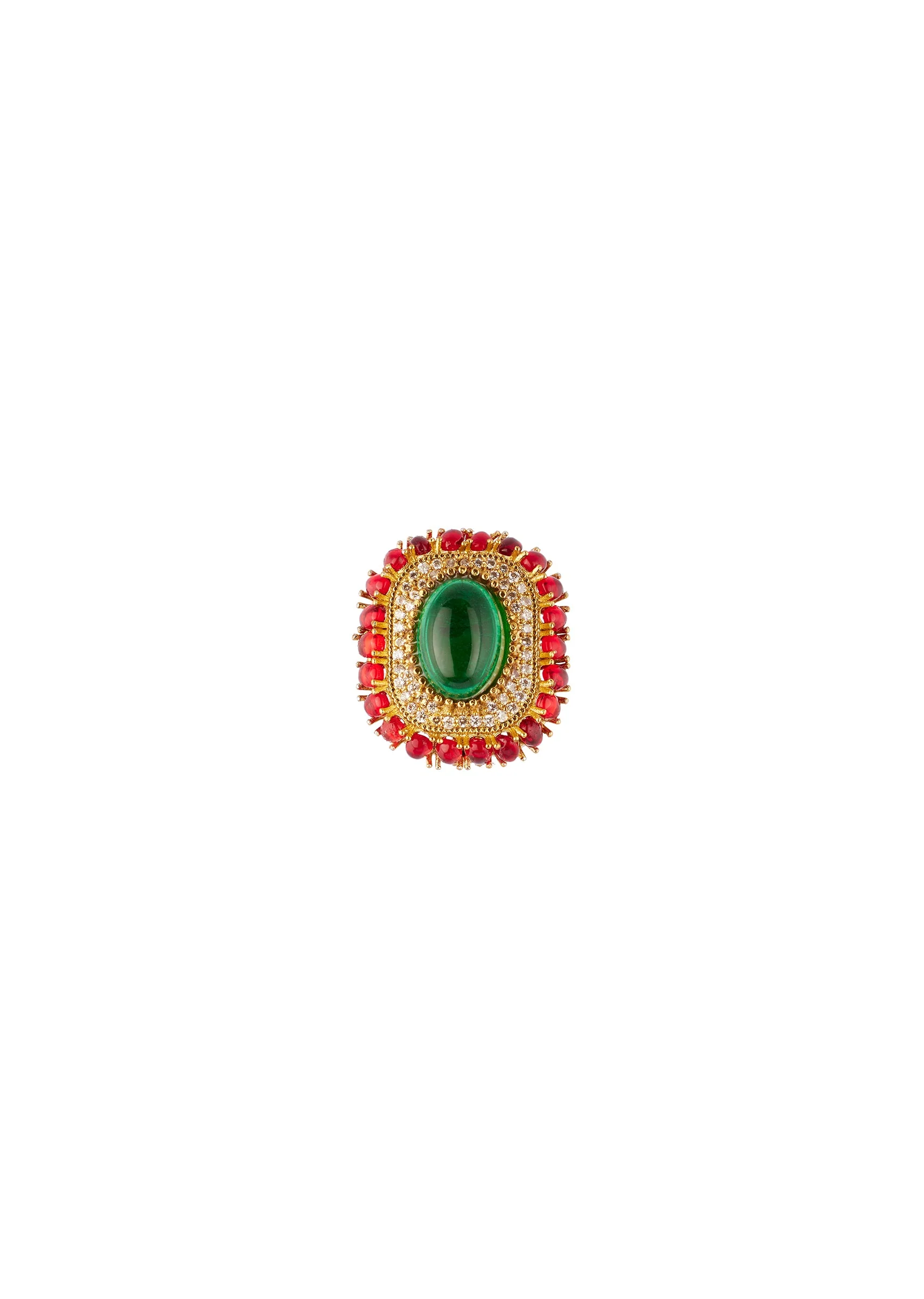 Gold Finish Oval Stud Earrings With Large Green Center Stone and Red Cabochon Stone Border - Image 3