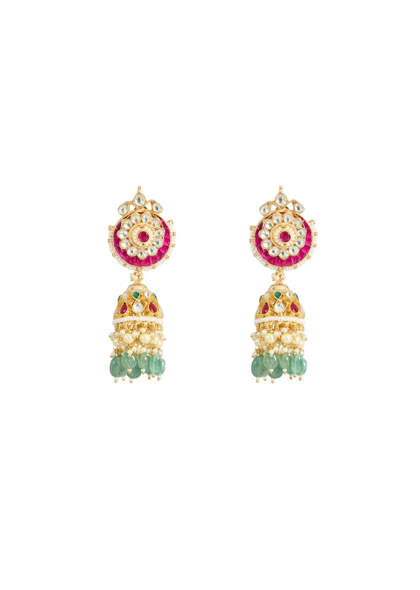 Gold Finish Pink Stone Jhumka Earrings - Image 2