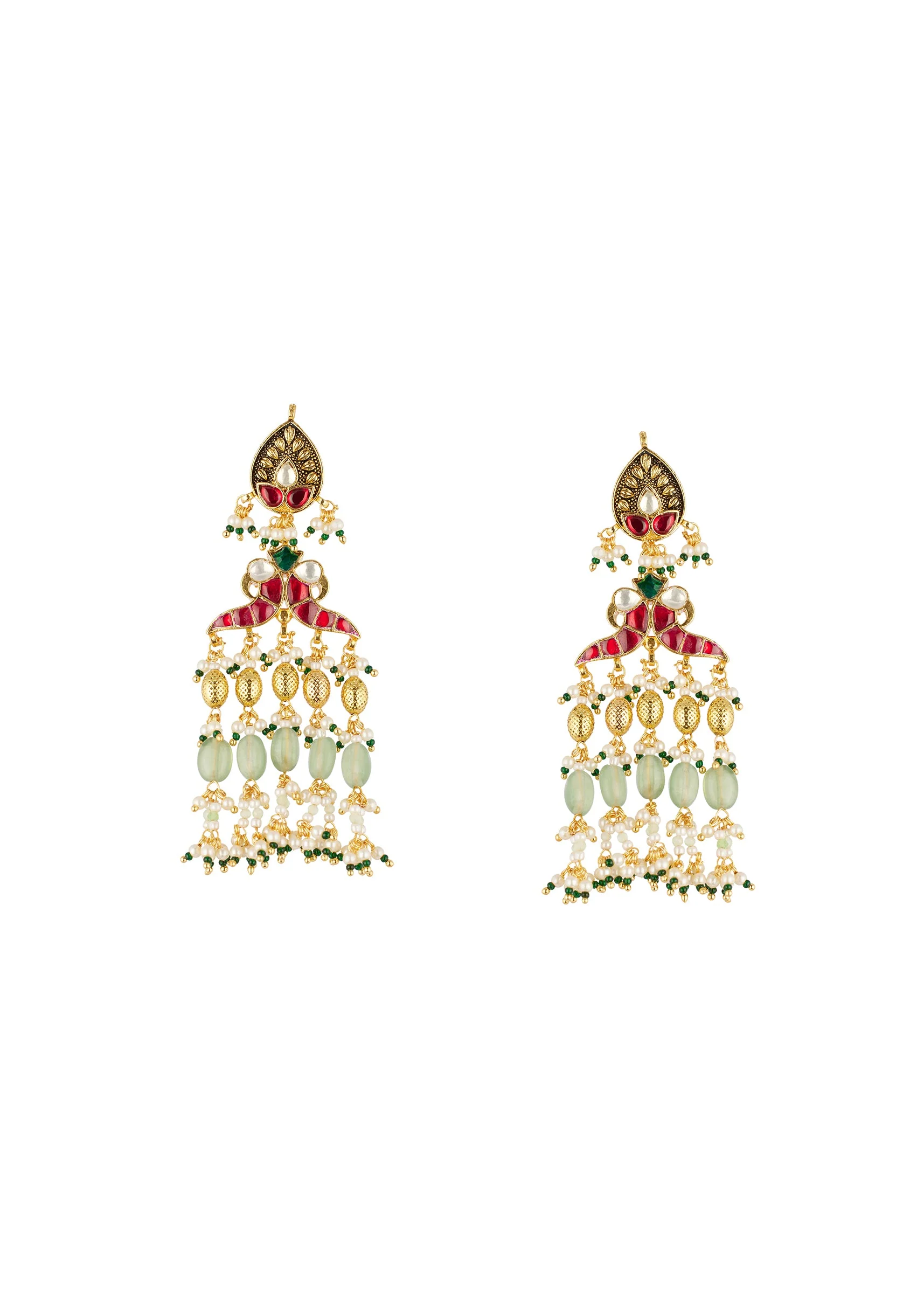 Gold Finish Rani Haar Necklace Set In Mix Metal With Traditional Temple Style And Green And Red Simulated Stones And Faux Pearls - Image 3