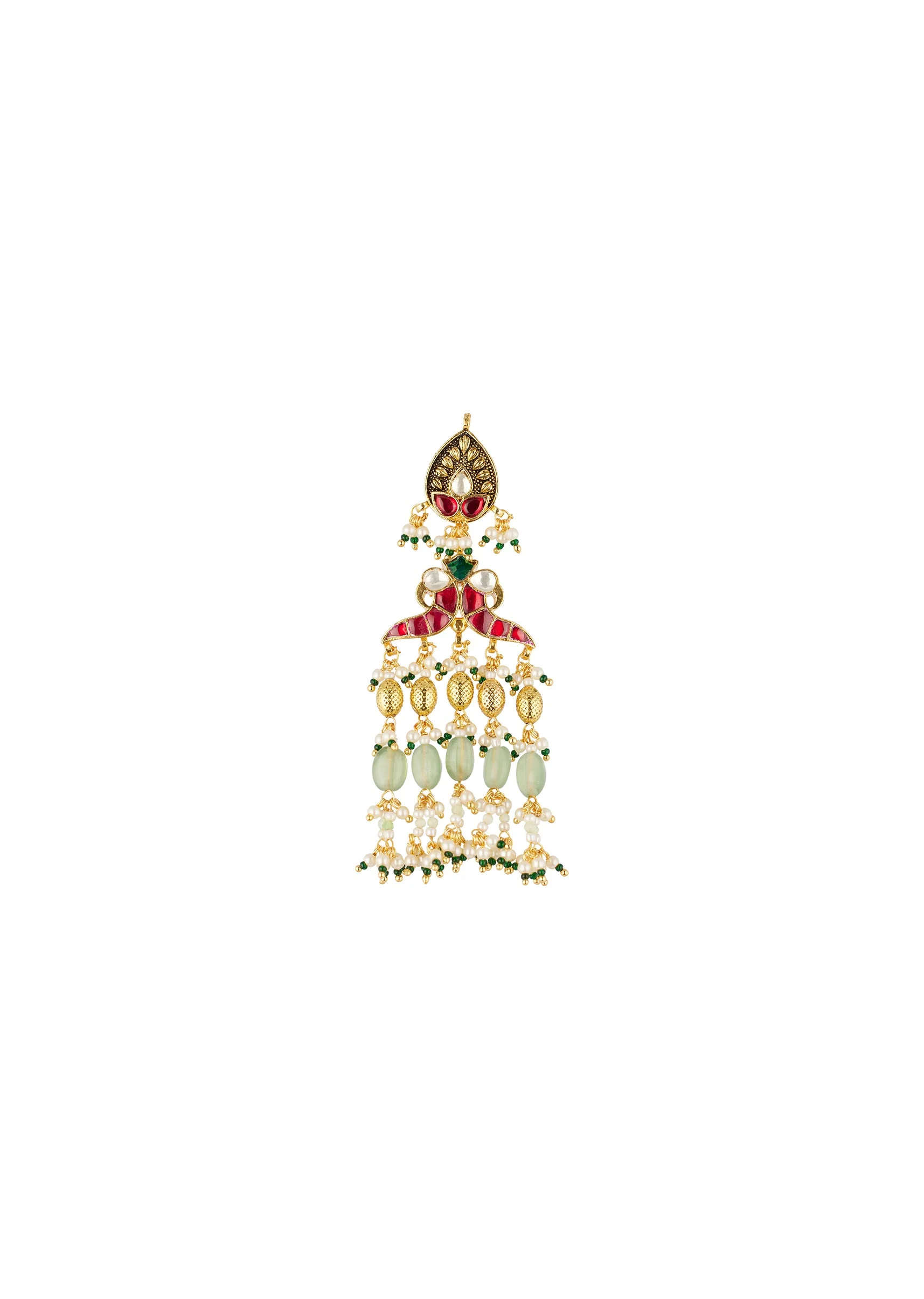 Gold Finish Rani Haar Necklace Set In Mix Metal With Traditional Temple Style And Green And Red Simulated Stones And Faux Pearls - Image 4