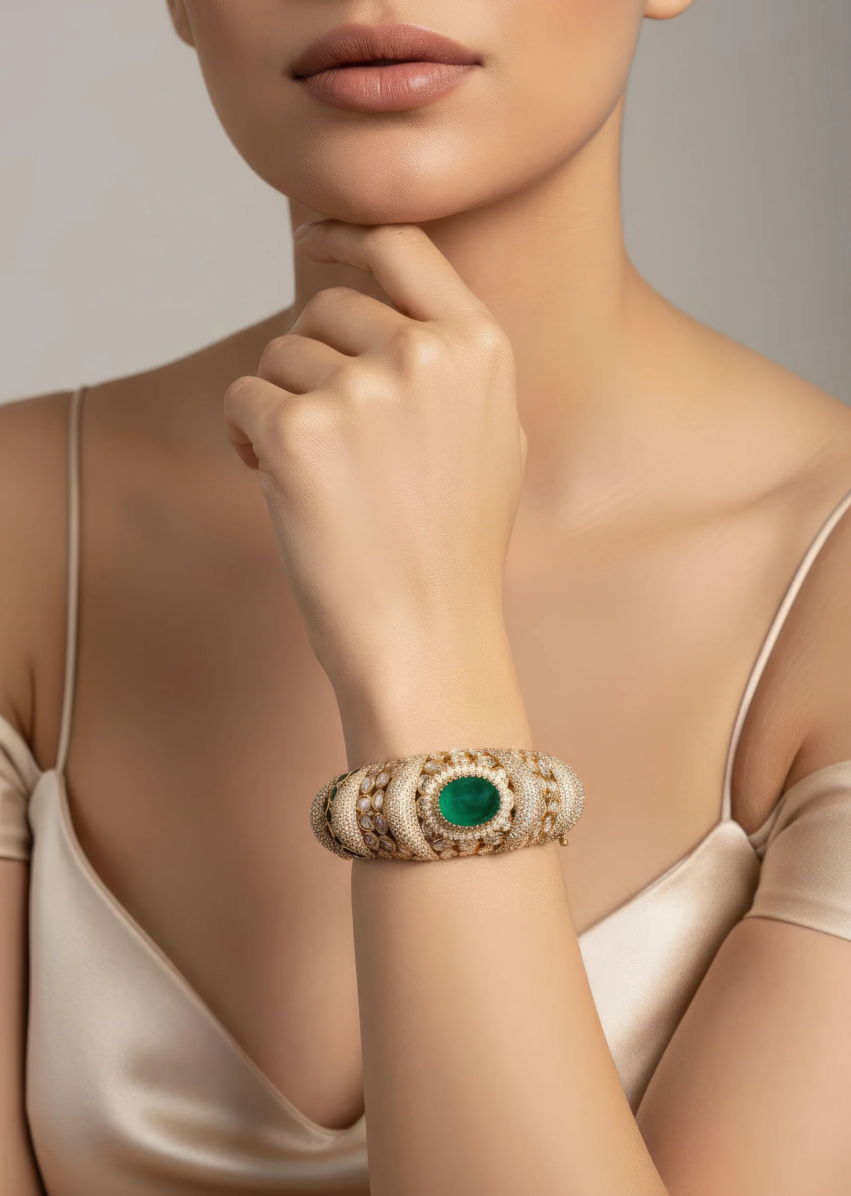 Gold Finish Ring In Kundan Polki