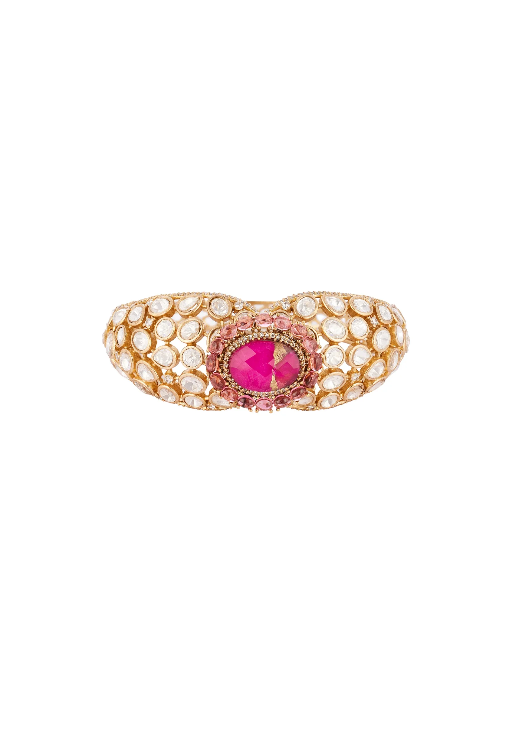 Gold Finish Ring In Kundan Polki With Semi Precious Stones - Image 2