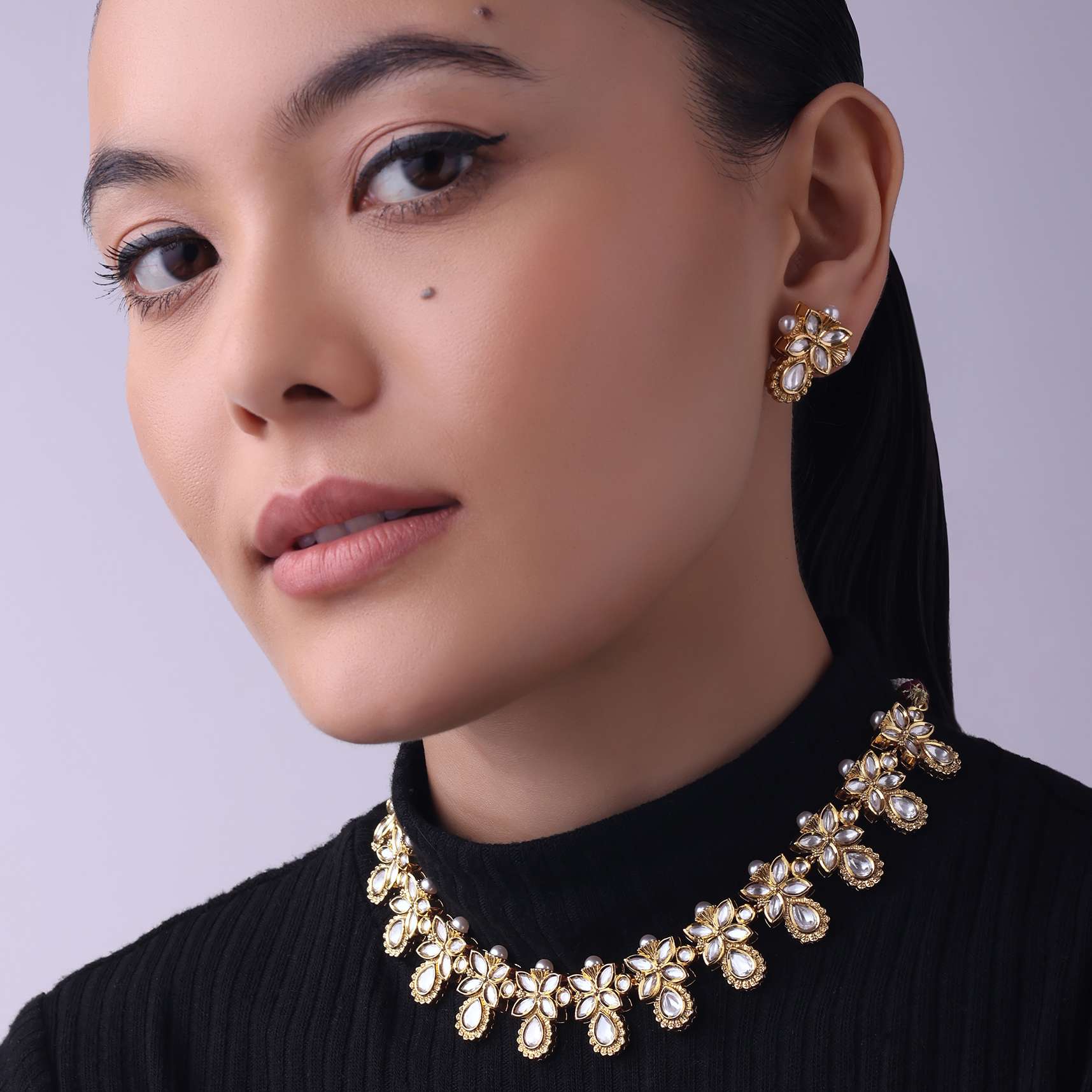 Gold Finish Short Moissanite Kundan Necklace Set - Image 8