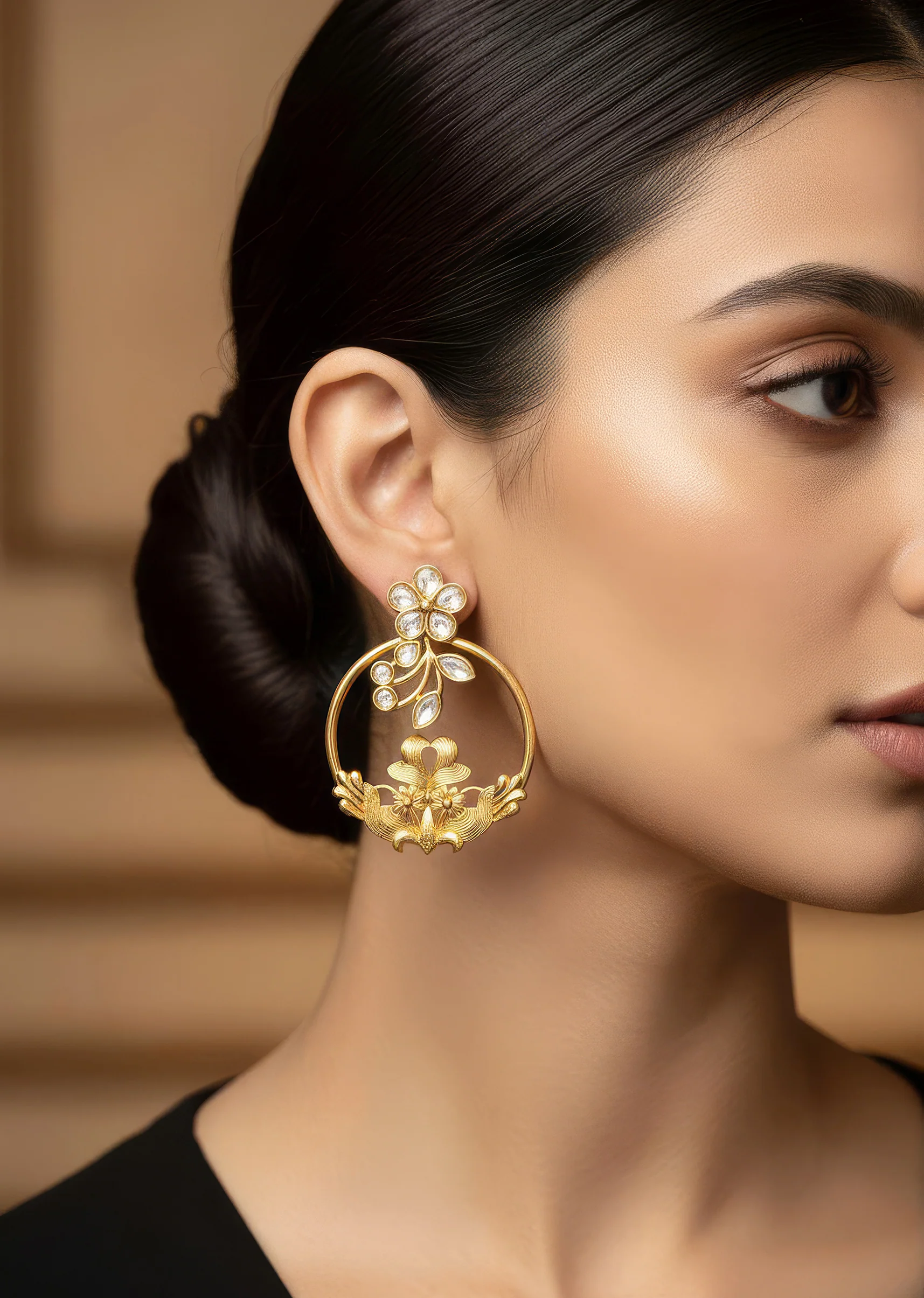 Gold Finish Statement Earrings With Floral Vine Motif In White Kundan And Ornate Filigree Work