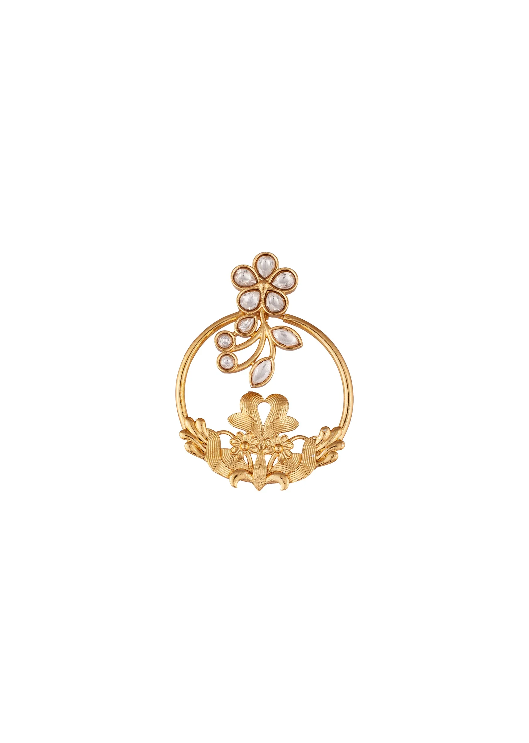 Gold Finish Statement Earrings With Floral Vine Motif In White Kundan And Ornate Filigree Work - Image 3