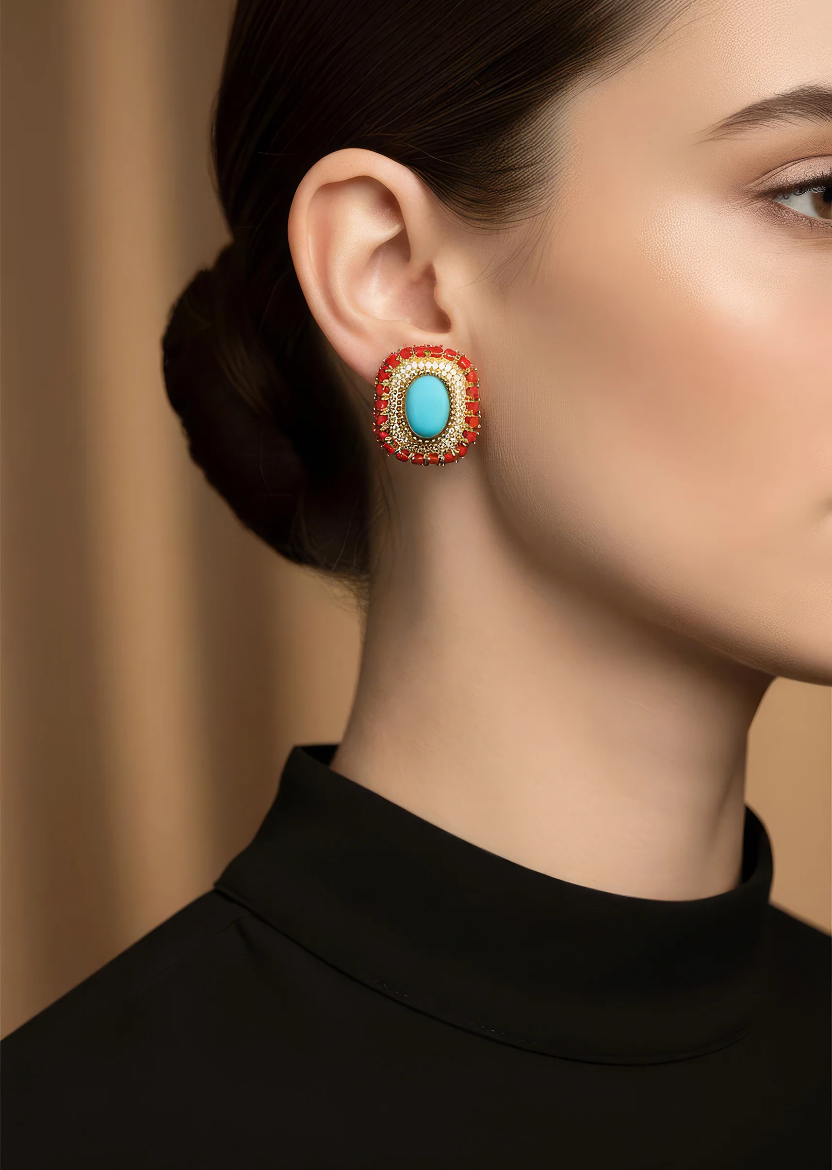 Gold Finish Stud Earrings With Dome Cut Turquoise And Cubic Zirconia Detailing