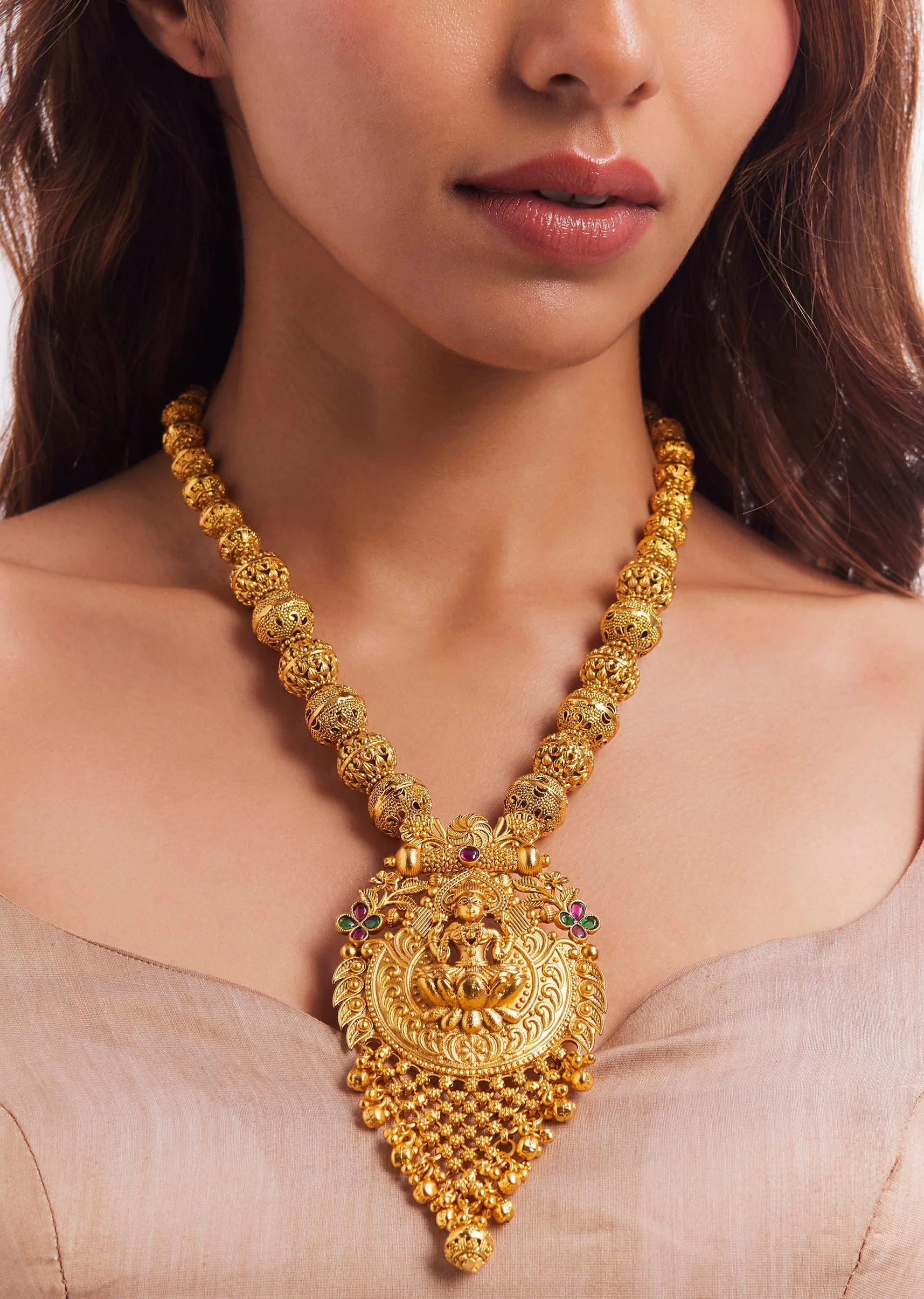Gold Finish Temple Long Necklace Set - Image 2