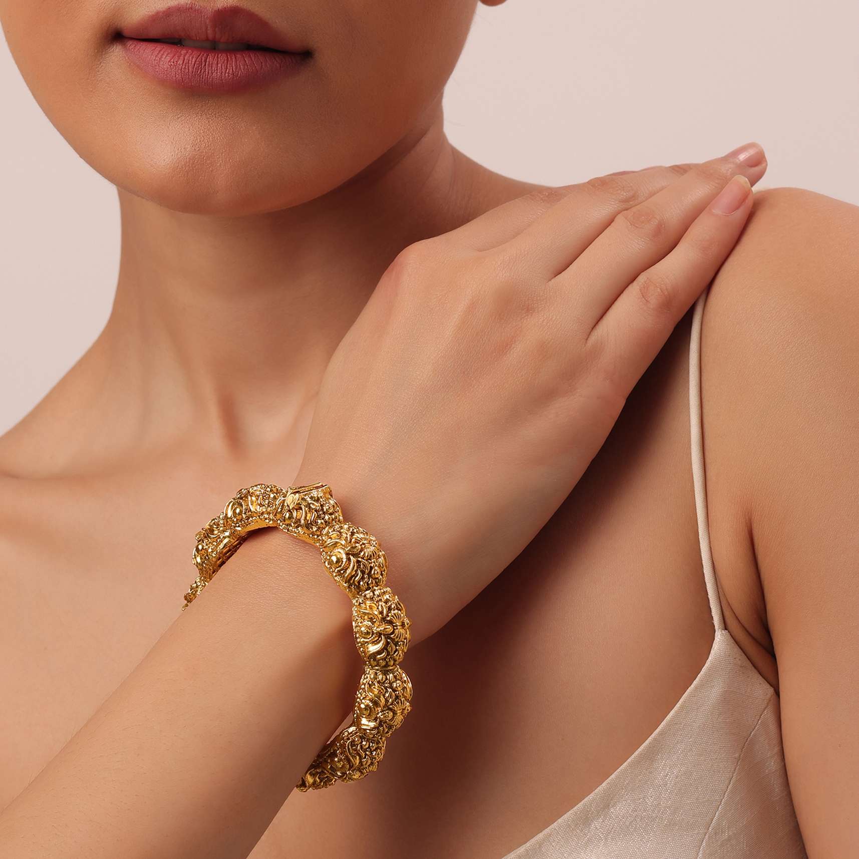 Gold Finish Temple Style Bangle With Carvings - Image 3