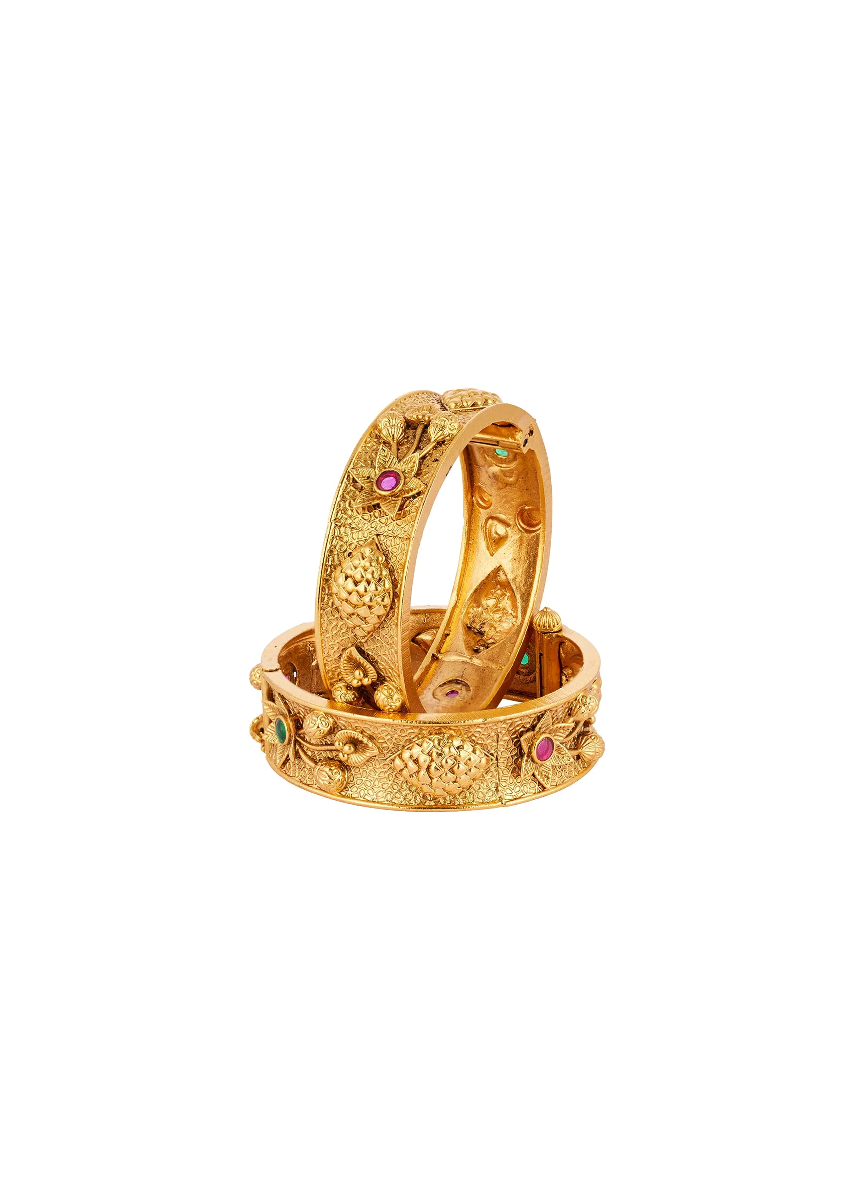 Gold Finish Temple Style Bangle With Rani Pink and Green Simulated Stones - Image 2