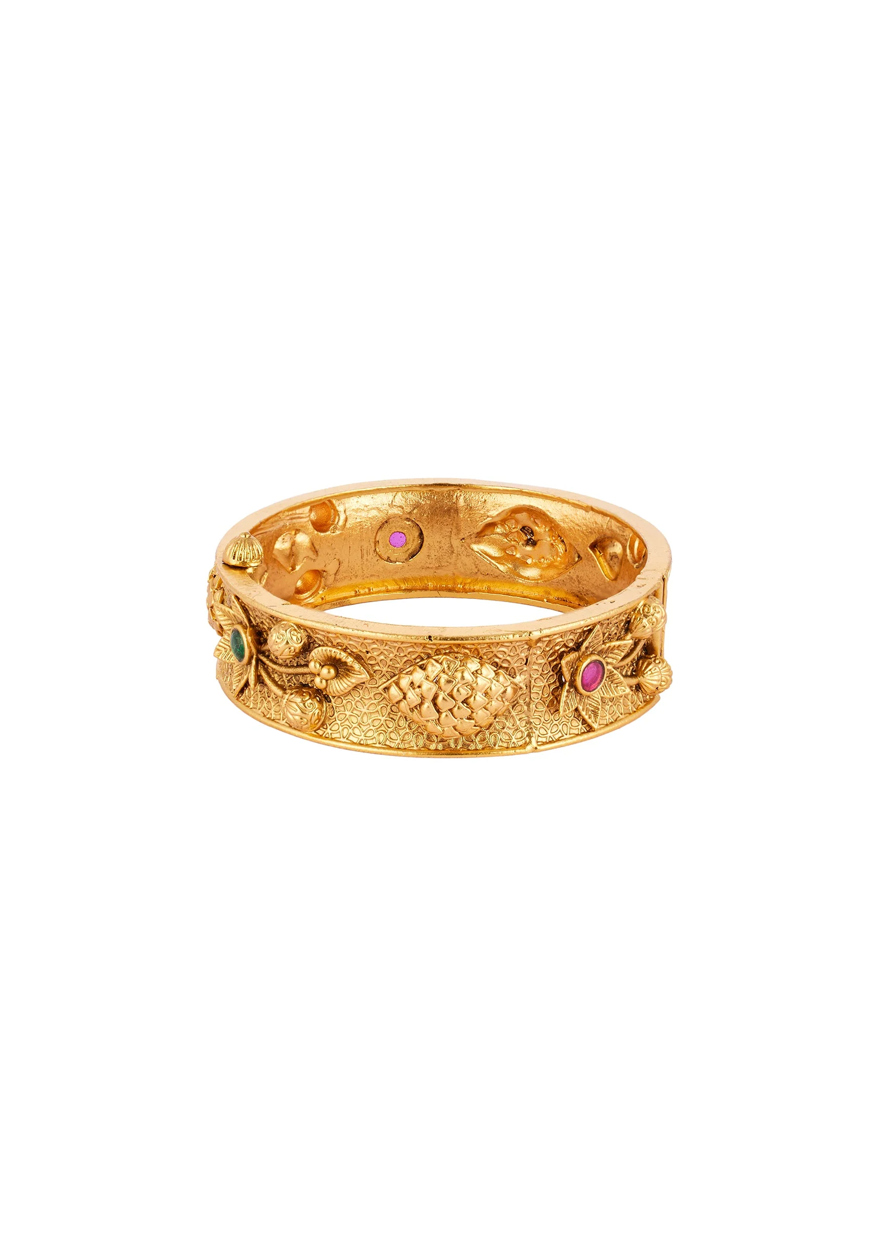 Gold Finish Temple Style Bangle With Rani Pink and Green Simulated Stones - Image 3