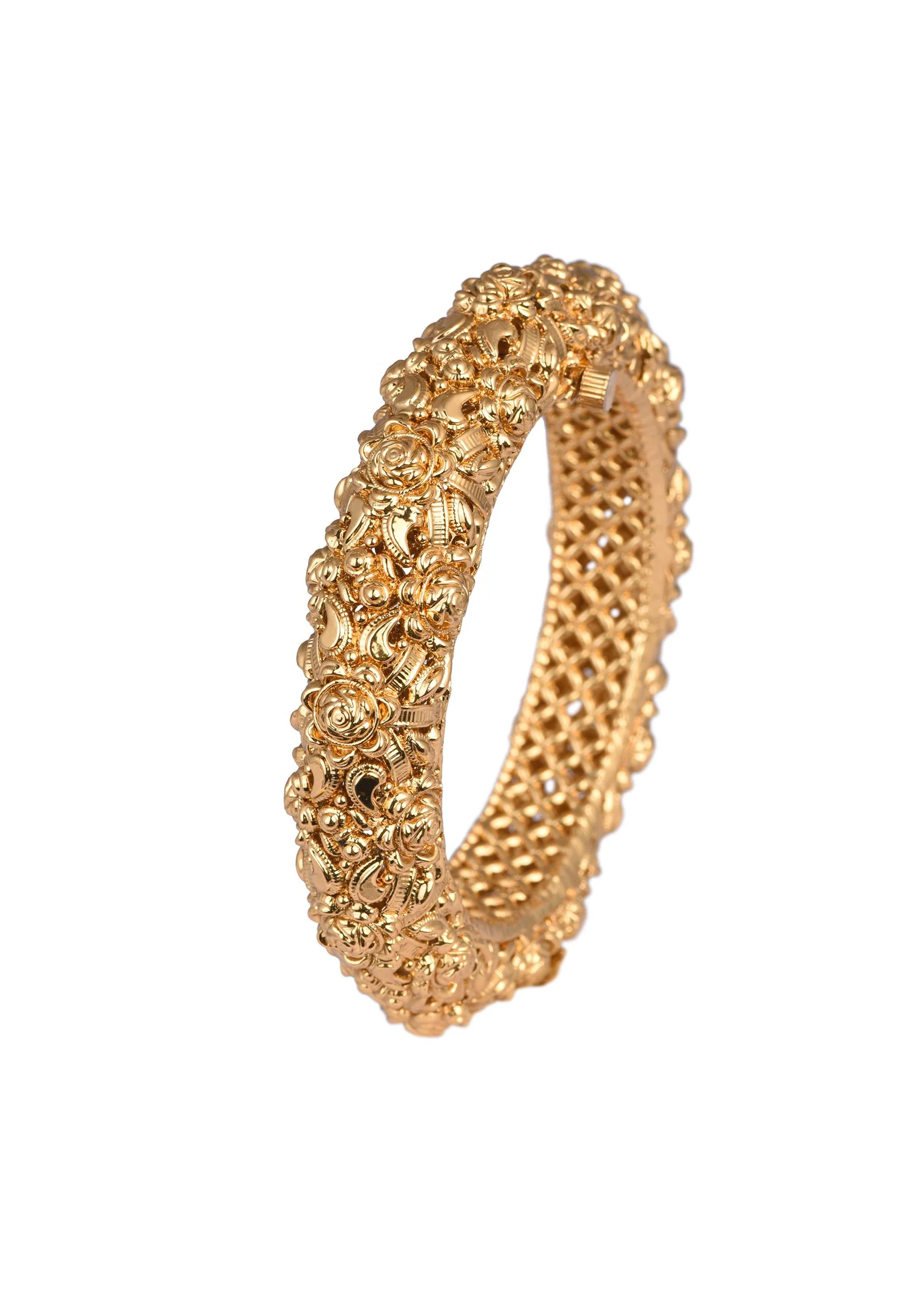 Gold Finish Temple Style Carved Bangle In Mix Metal - Image 3