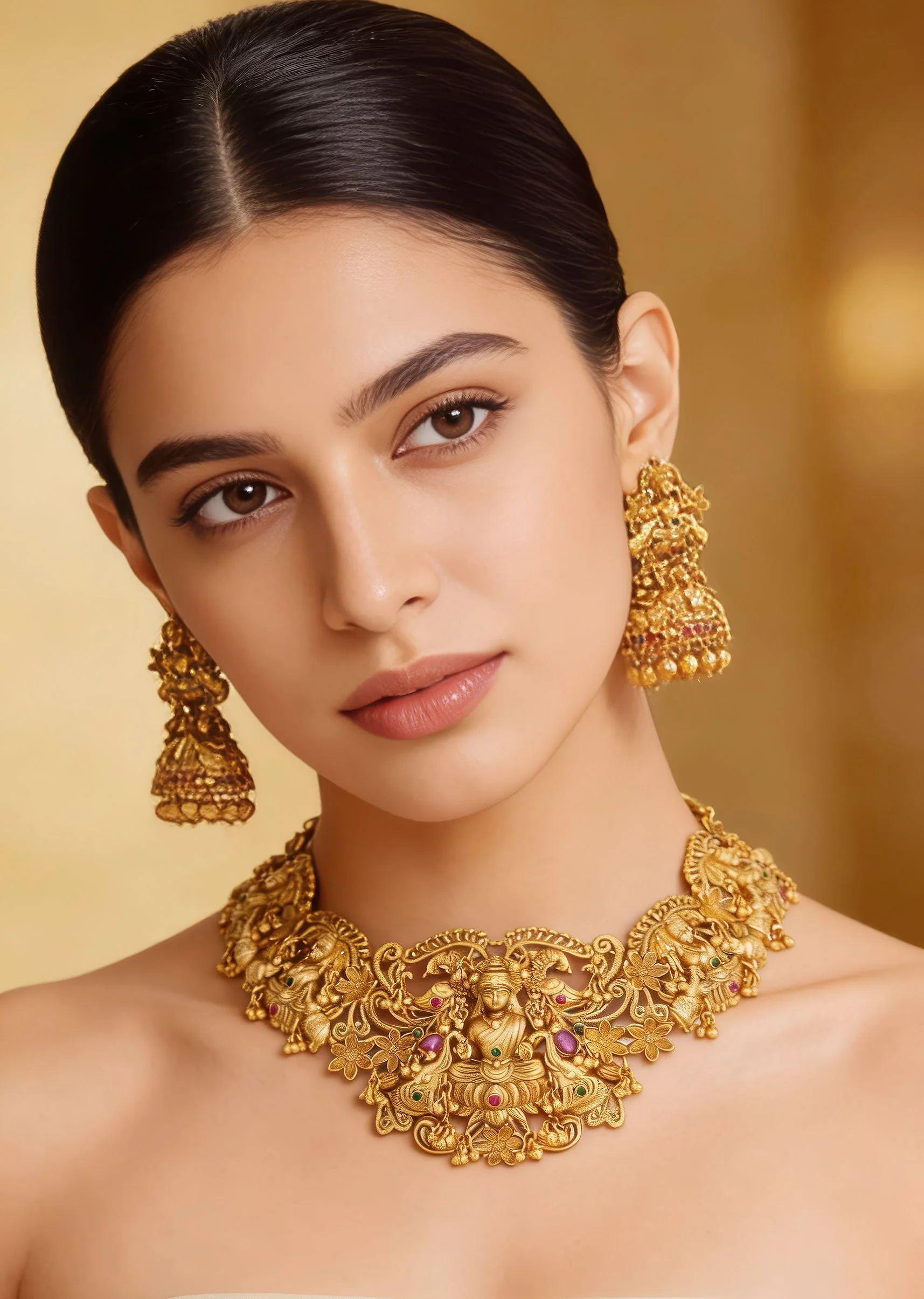 Gold Finish Temple Style Necklace Set With Green and Pink Simulated Stones