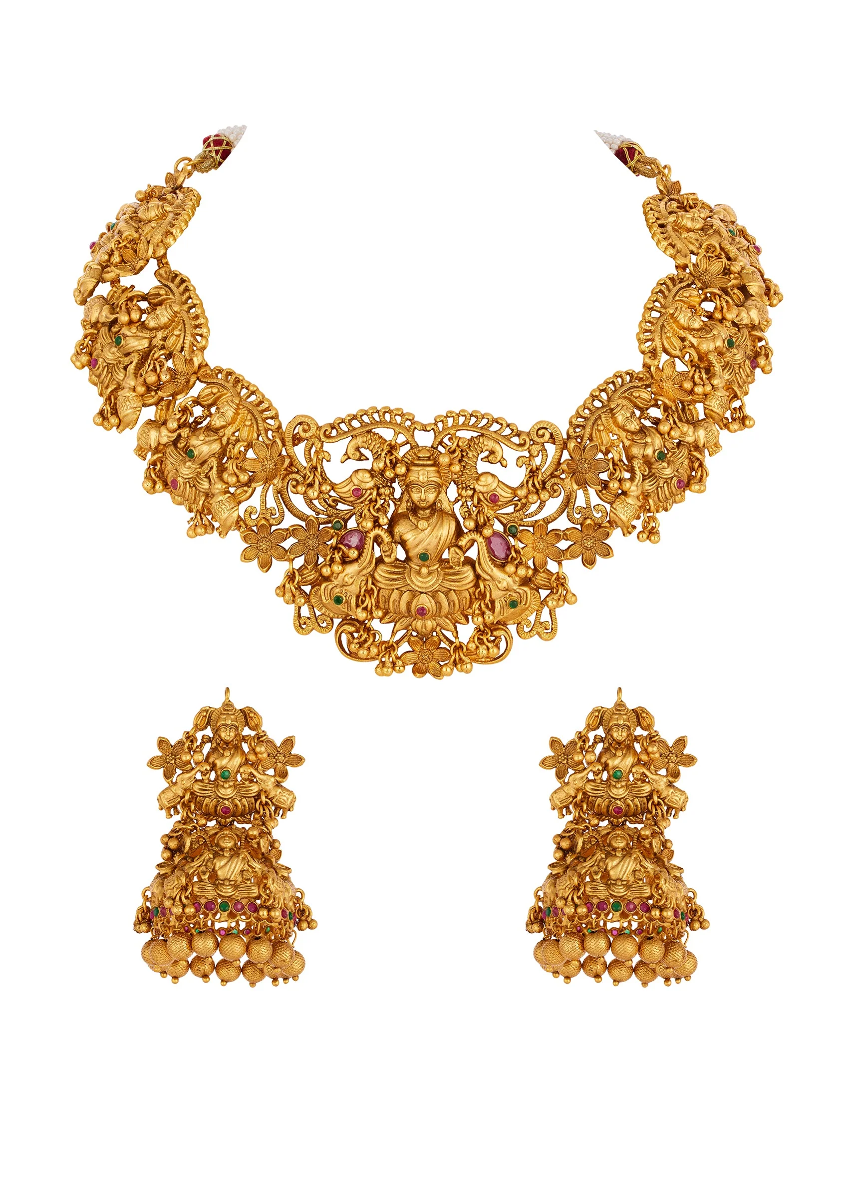 Gold Finish Temple Style Necklace Set With Green and Pink Simulated Stones - Image 2