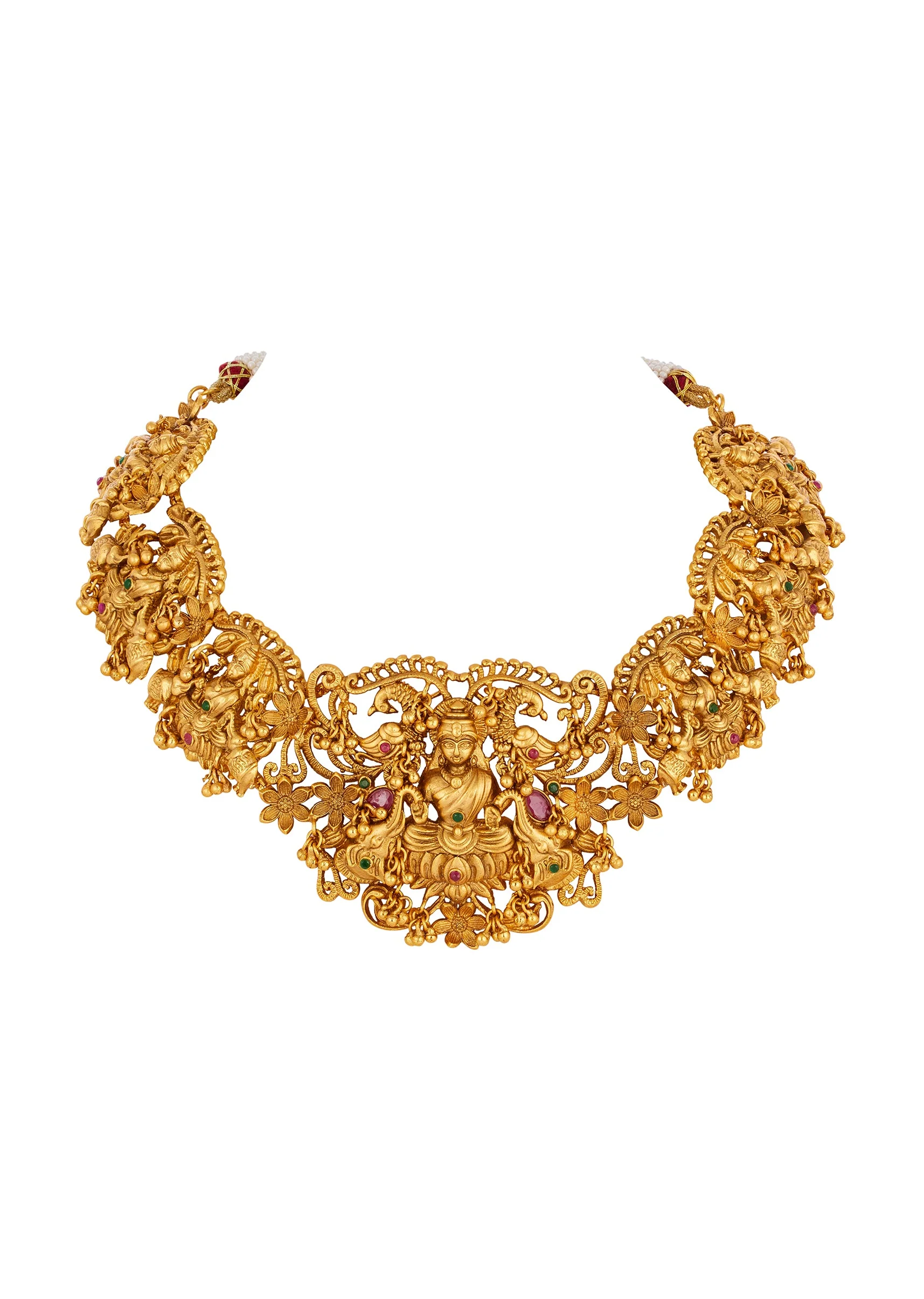 Gold Finish Temple Style Necklace Set With Green and Pink Simulated Stones - Image 3