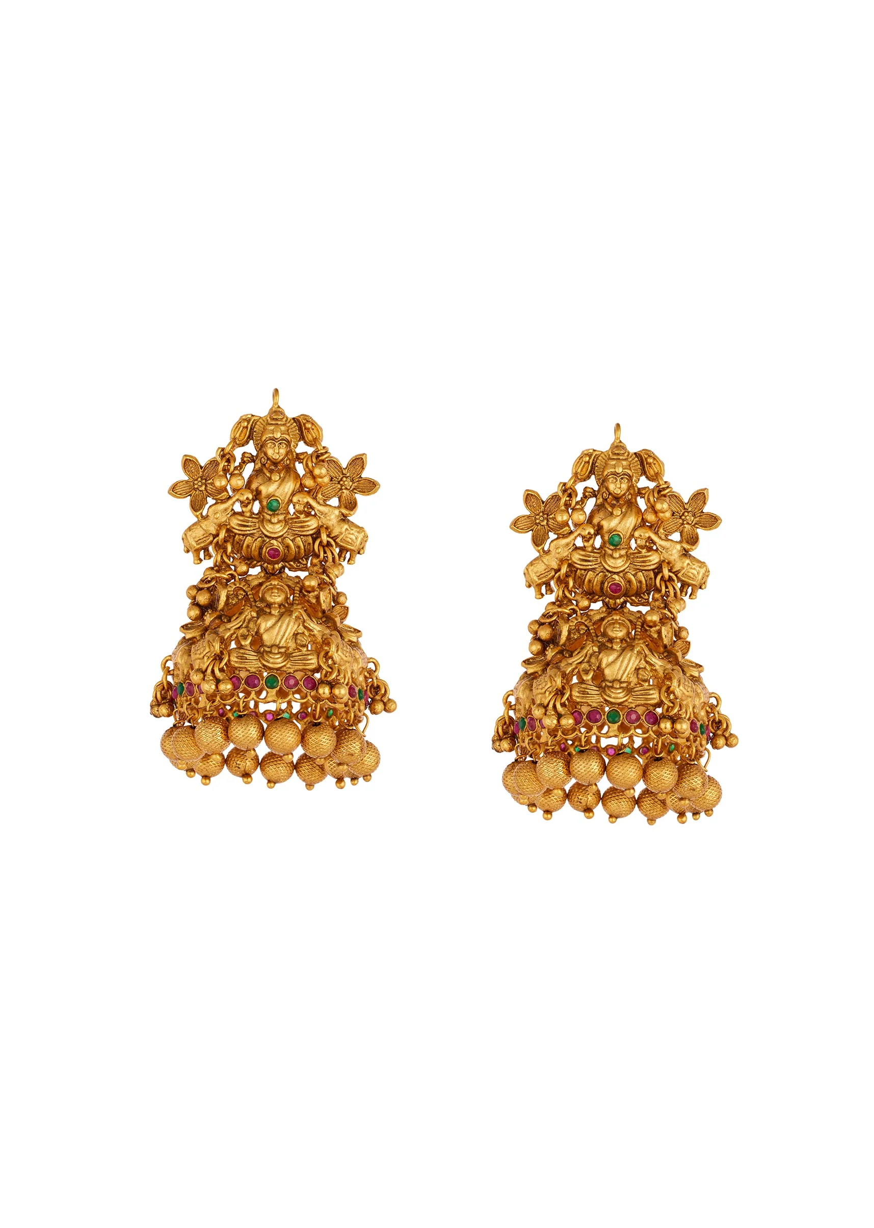 Gold Finish Temple Style Necklace Set With Green and Pink Simulated Stones - Image 4