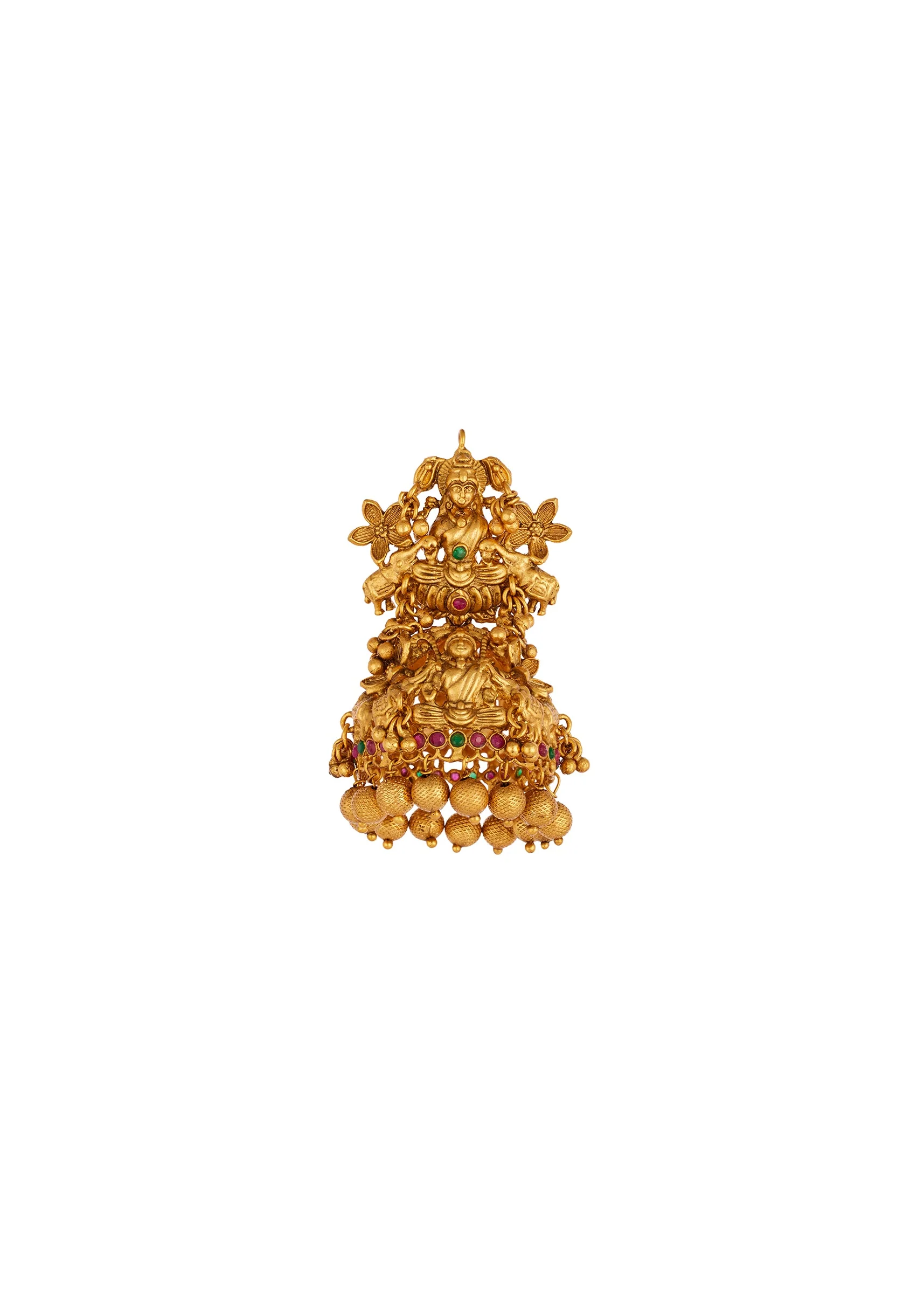 Gold Finish Temple Style Necklace Set With Green and Pink Simulated Stones - Image 5