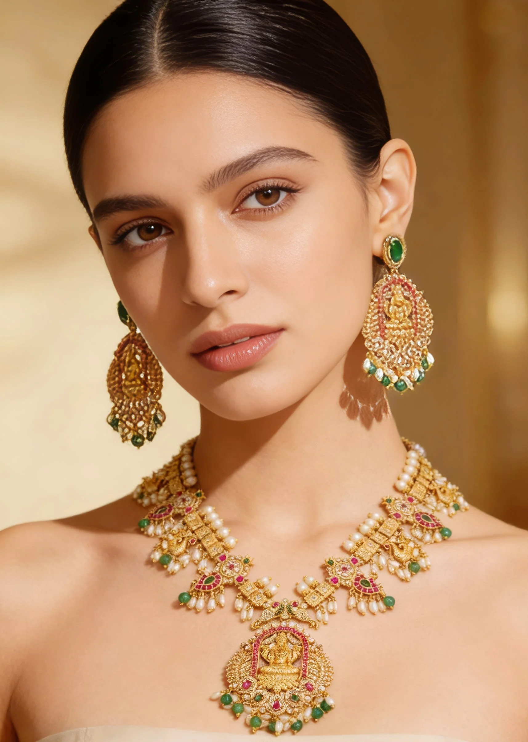 Gold Finish Temple Style Necklace Set With Green and Pink Simulated Stones And Zirconia Accents