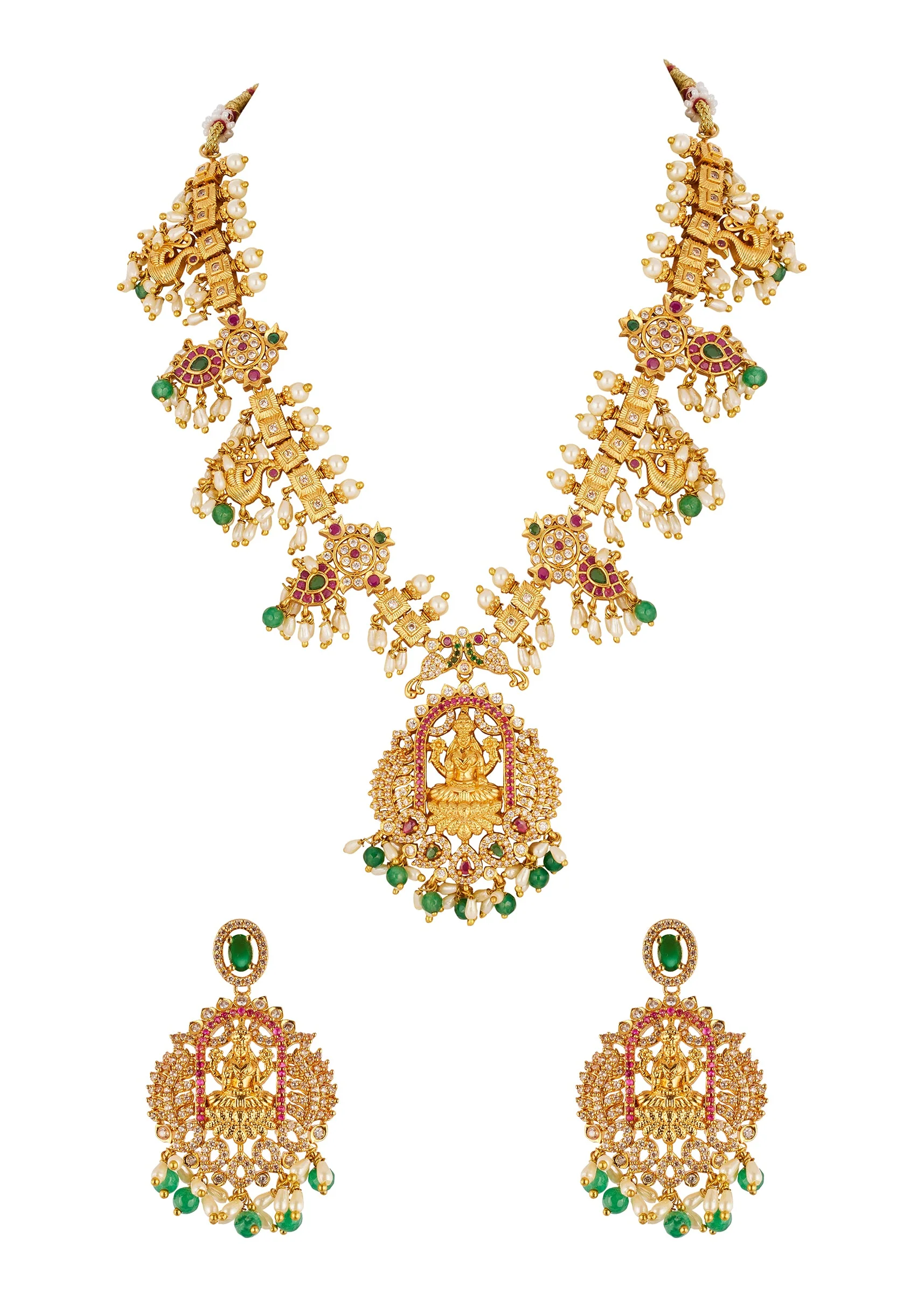 Gold Finish Temple Style Necklace Set With Green and Pink Simulated Stones And Zirconia Accents - Image 2
