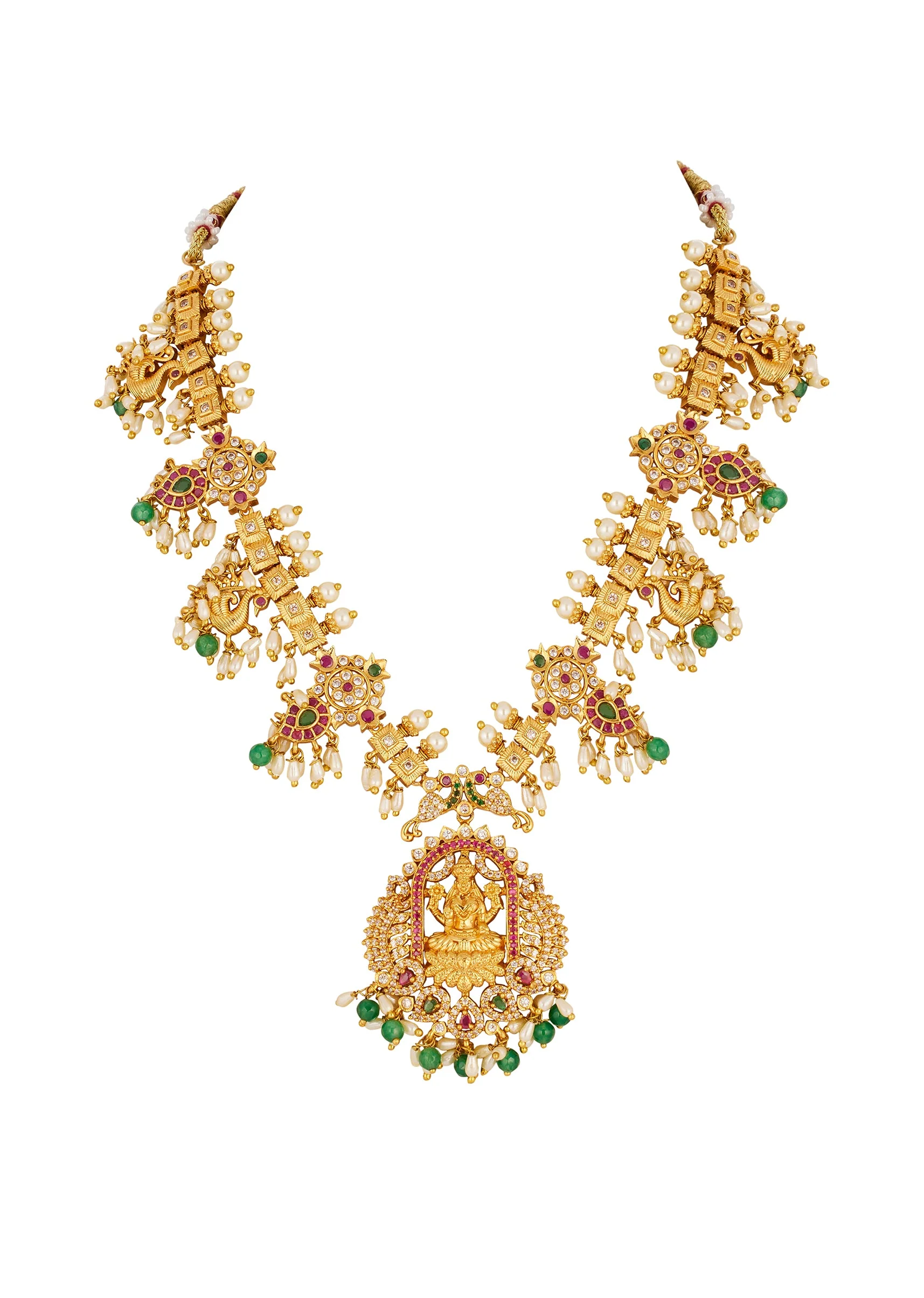 Gold Finish Temple Style Necklace Set With Green and Pink Simulated Stones And Zirconia Accents - Image 3