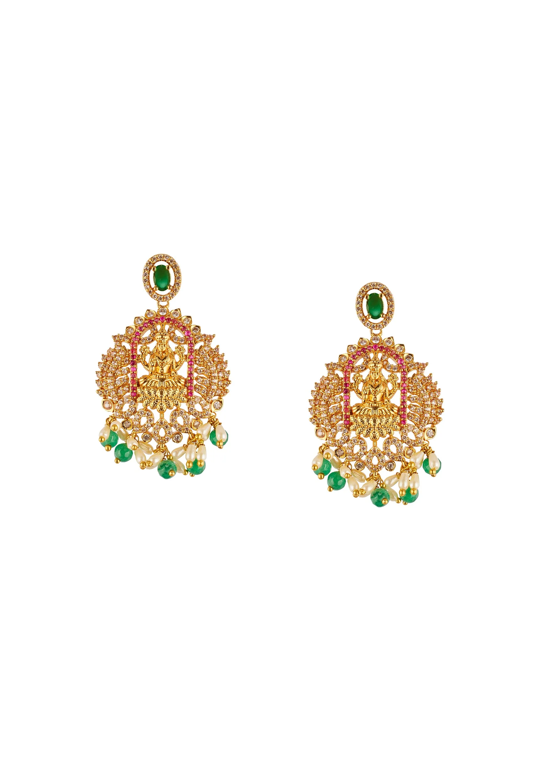 Gold Finish Temple Style Necklace Set With Green and Pink Simulated Stones And Zirconia Accents - Image 4