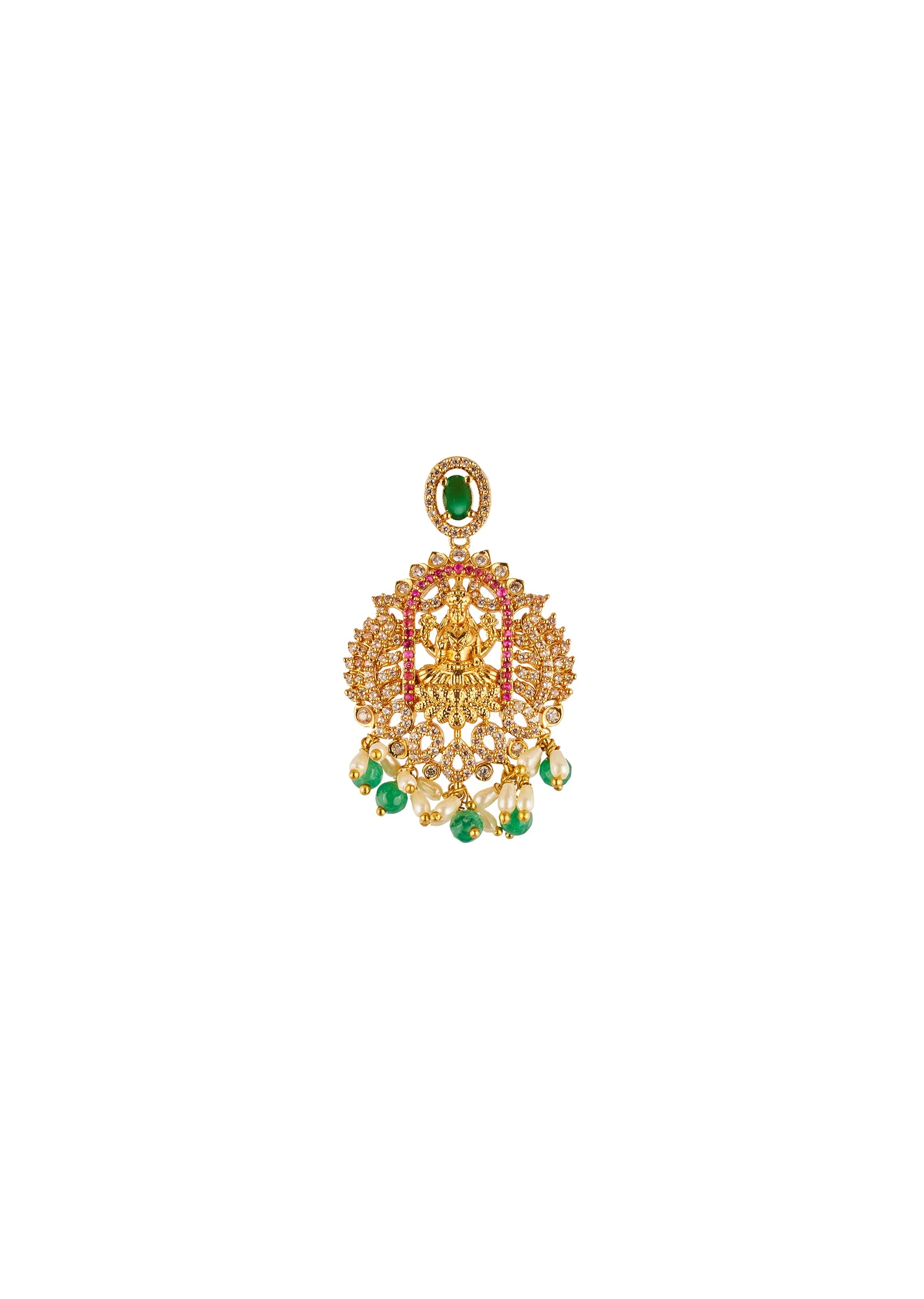 Gold Finish Temple Style Necklace Set With Green and Pink Simulated Stones And Zirconia Accents - Image 5