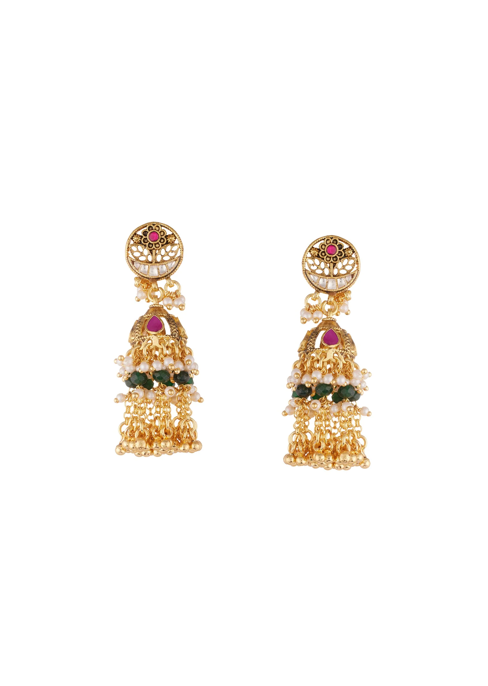 Gold Finish Tiered Choker Necklace Set With Circular Motifs Red Stones Kundan Work And Beaded Layers - Image 4